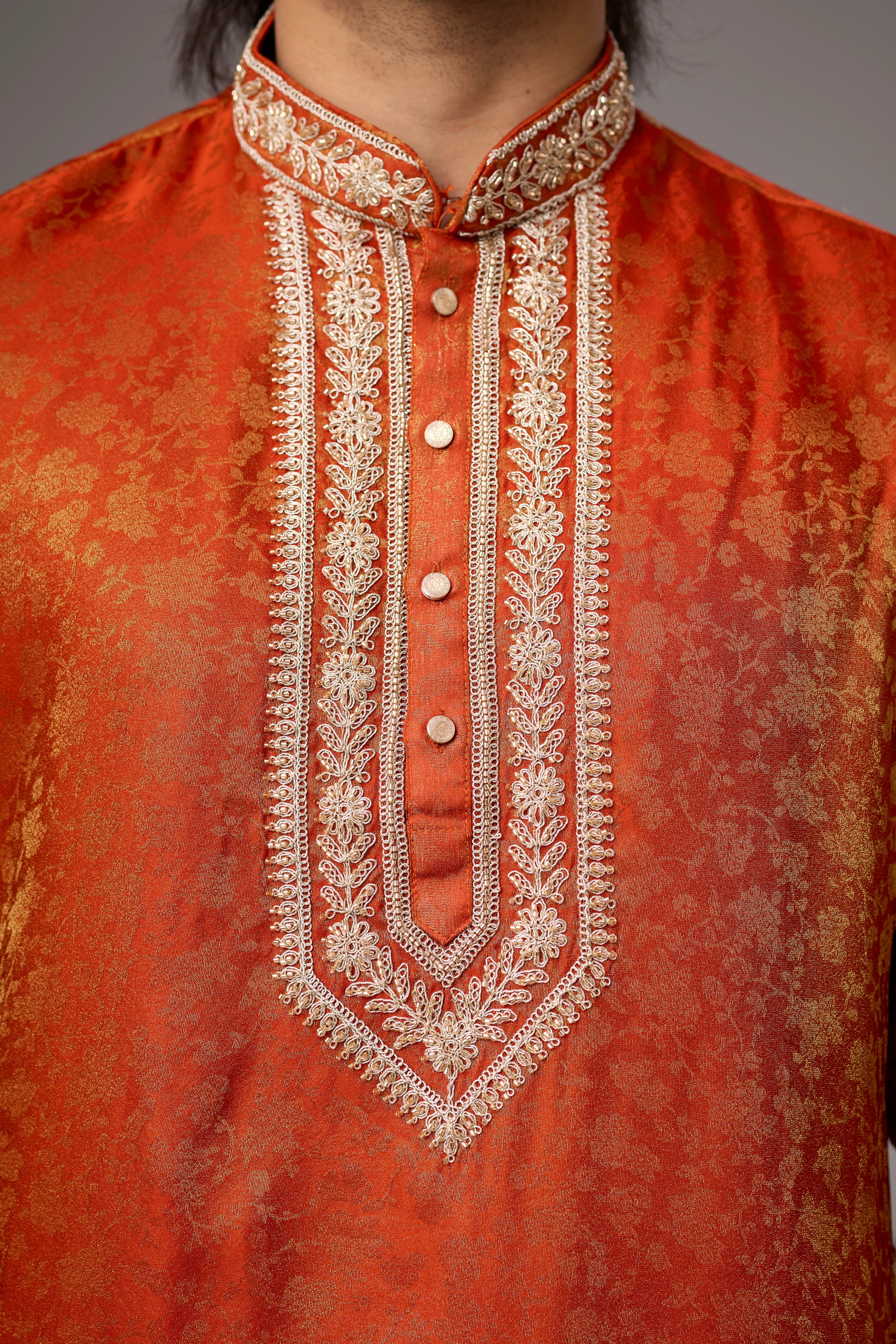 Burnt Orange Regal Brocade Kurta Set