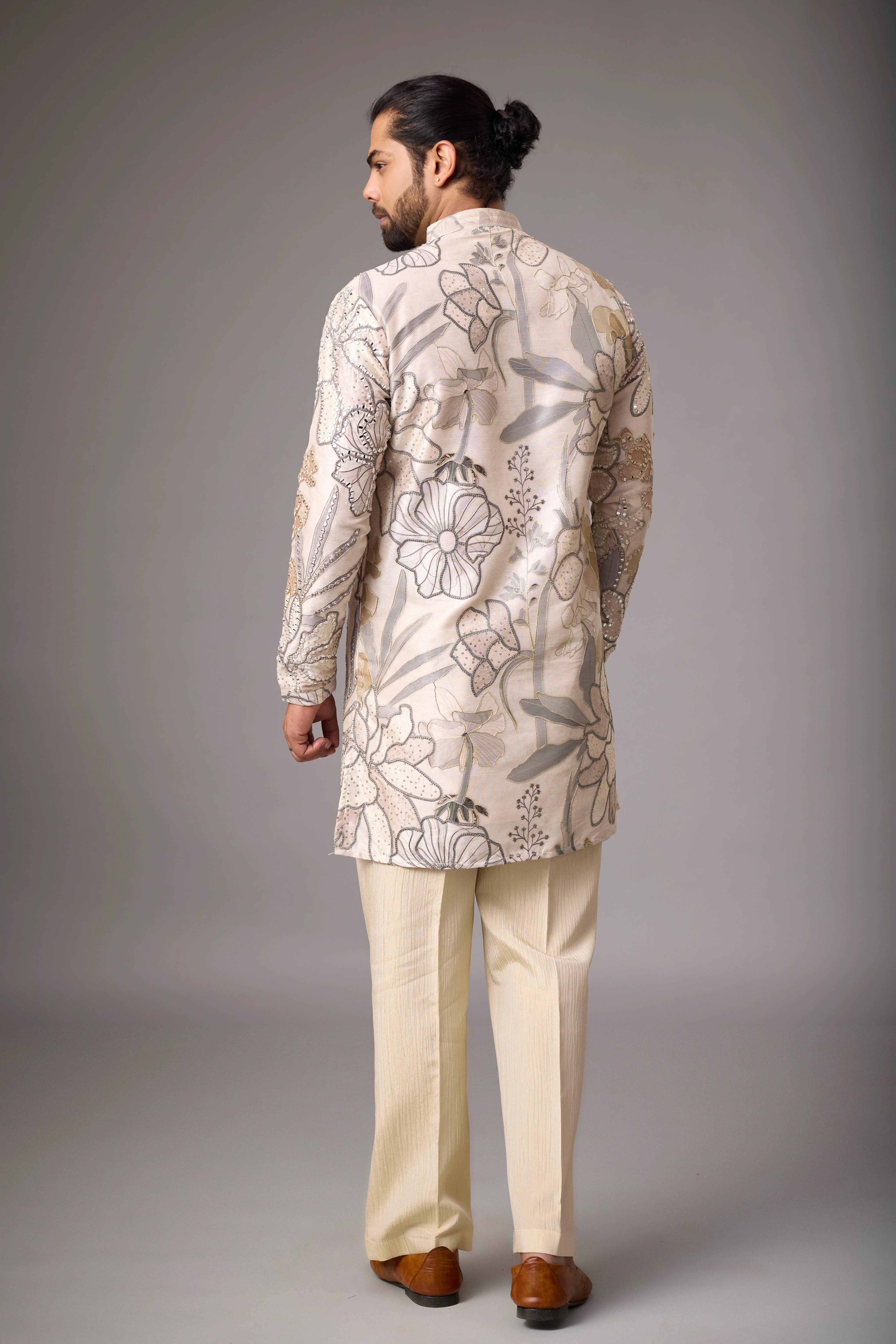 Champagne Floral Embroidered Kurta Set