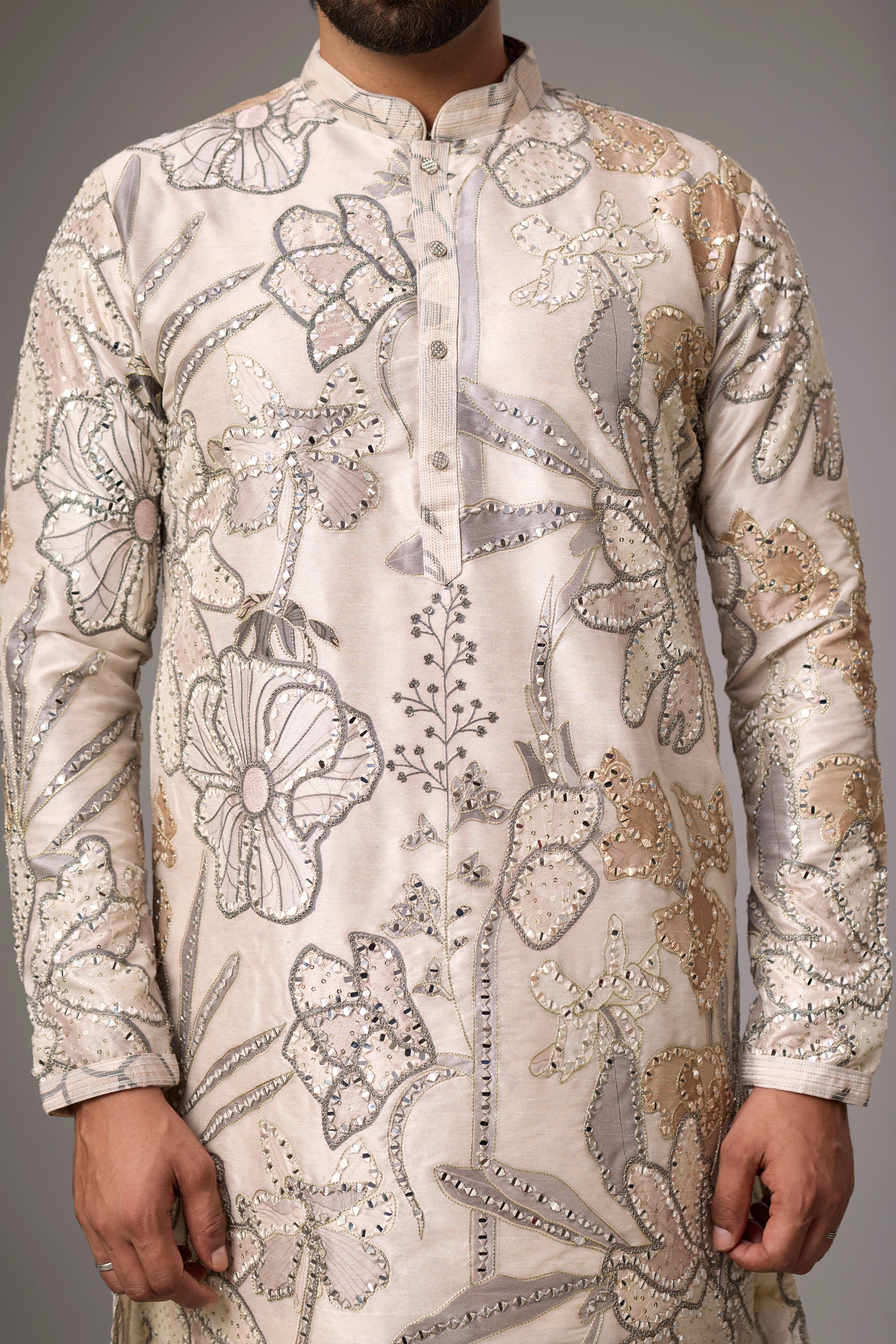 Champagne Floral Embroidered Kurta Set