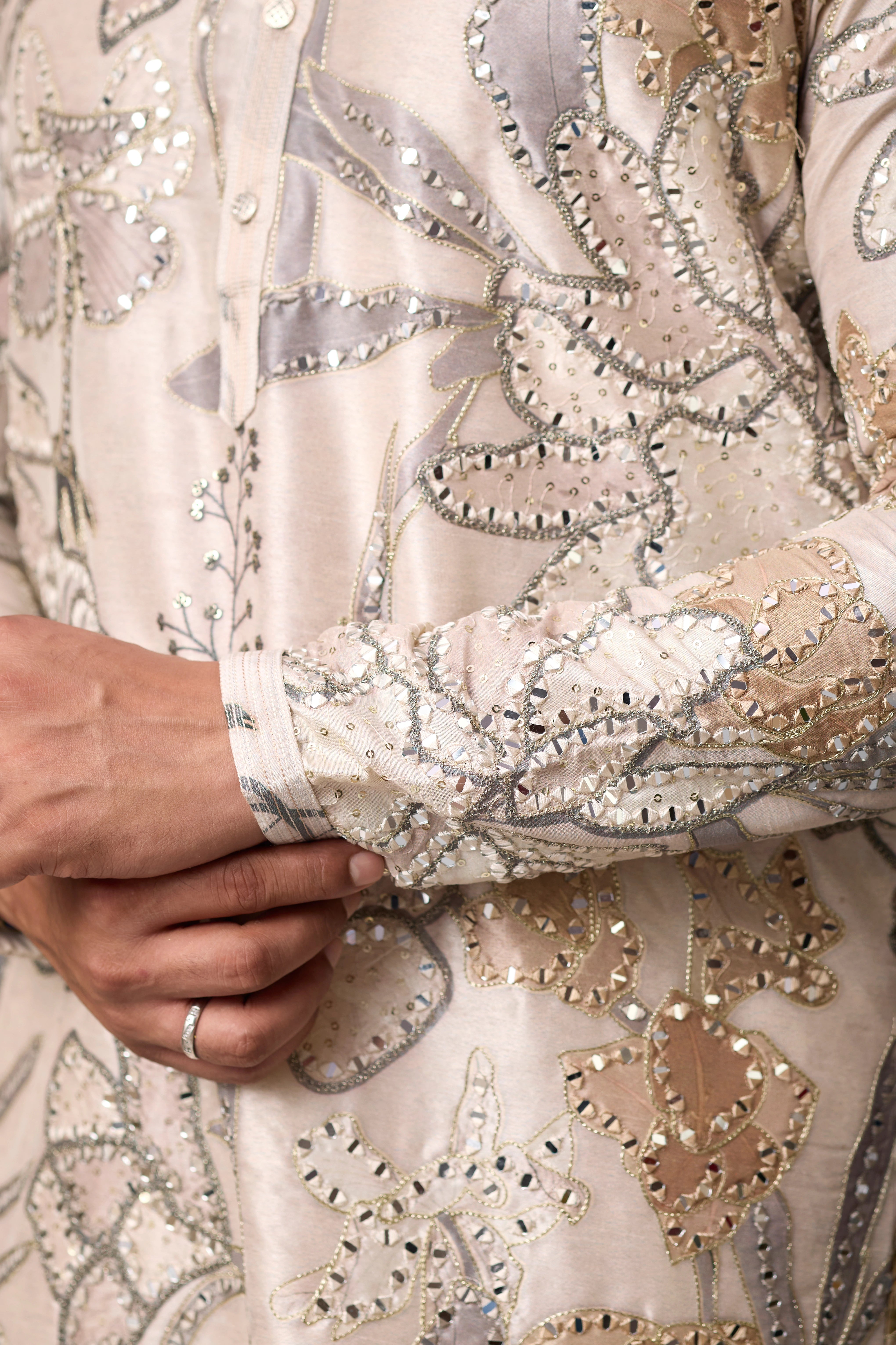 Champagne Floral Embroidered Kurta Set