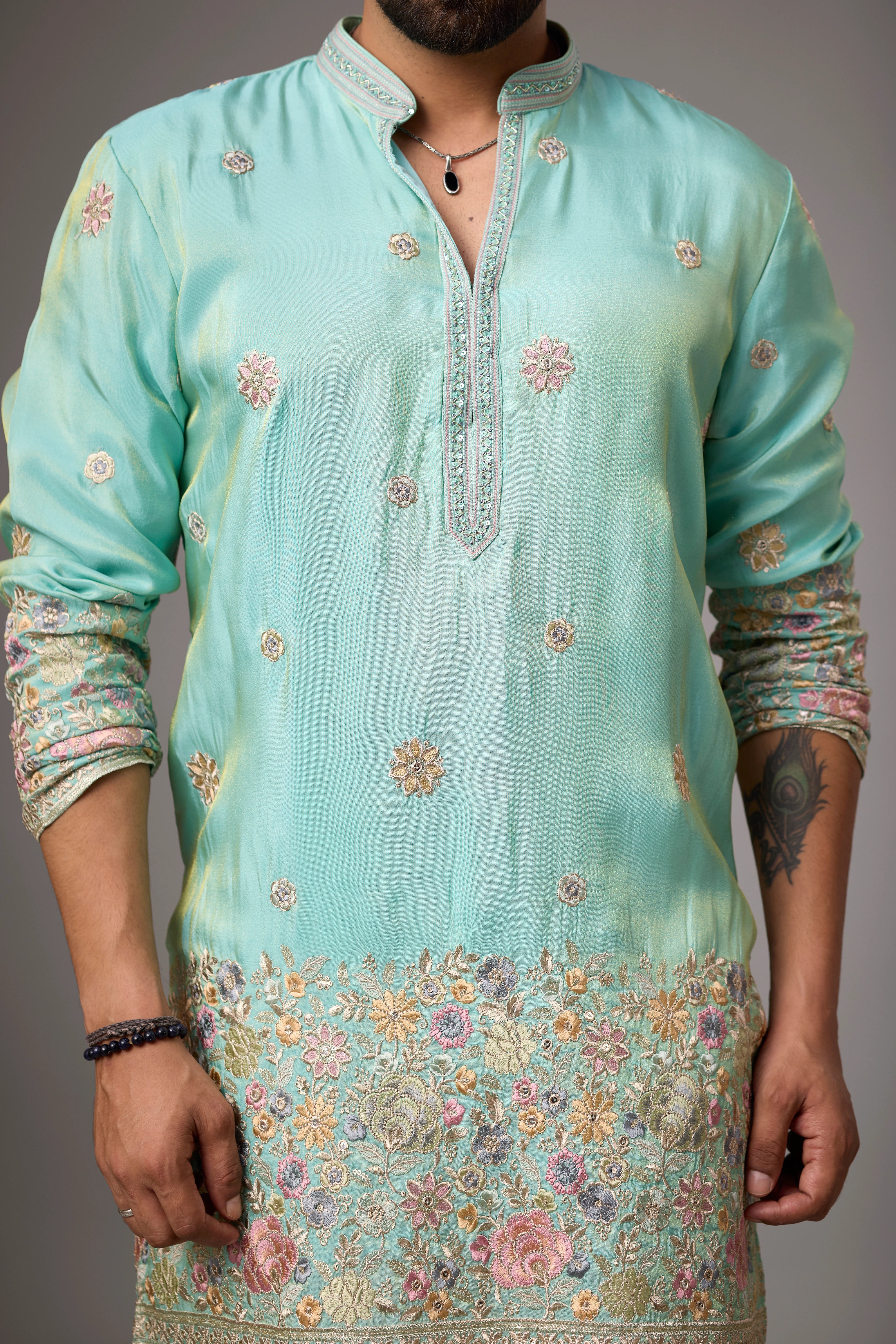 Aqua Mint Heritage Embroidered Kurta Set