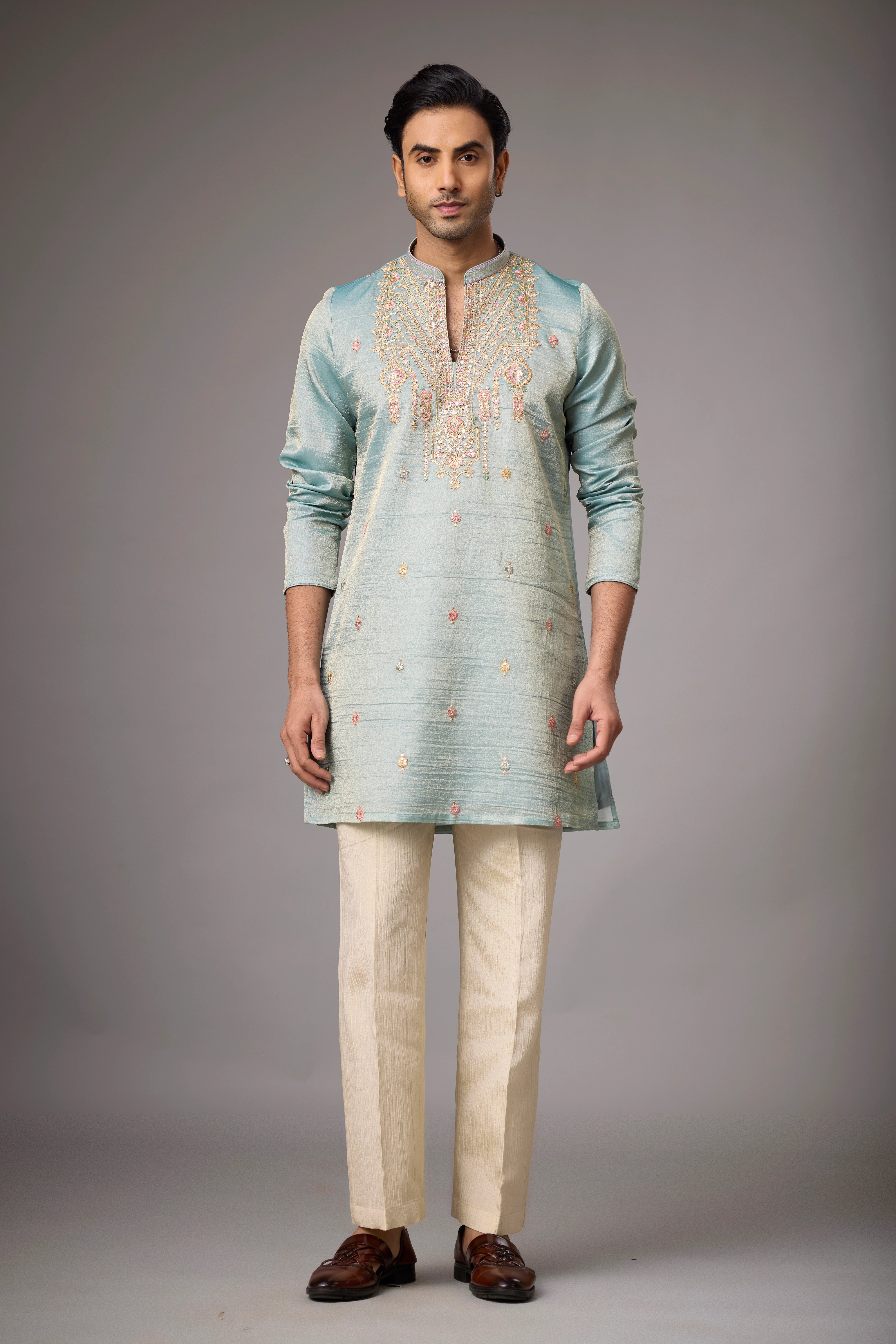 Celadon Blue Heritage Embroidered Kurta Set