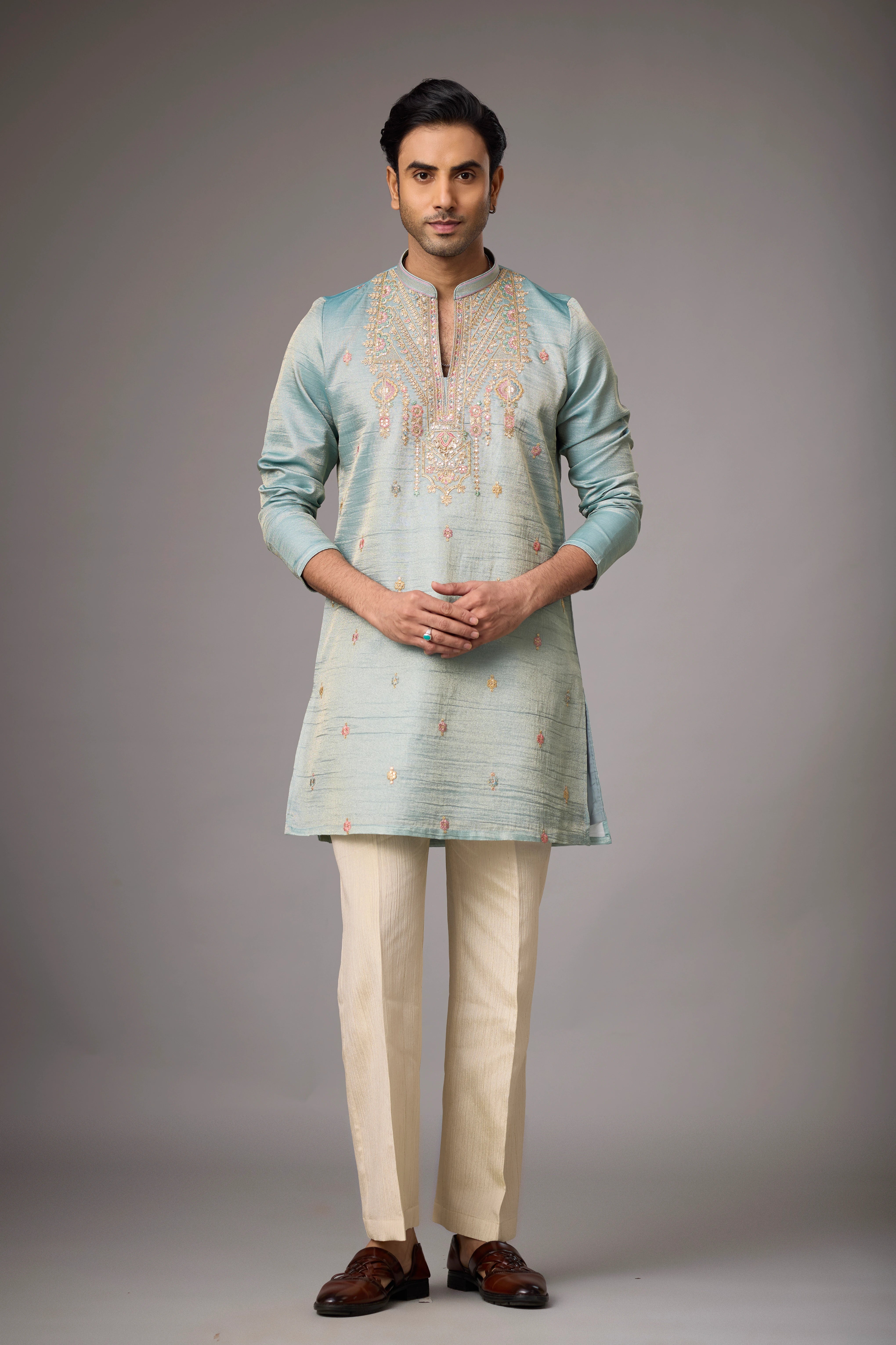 Celadon Blue Heritage Embroidered Kurta Set
