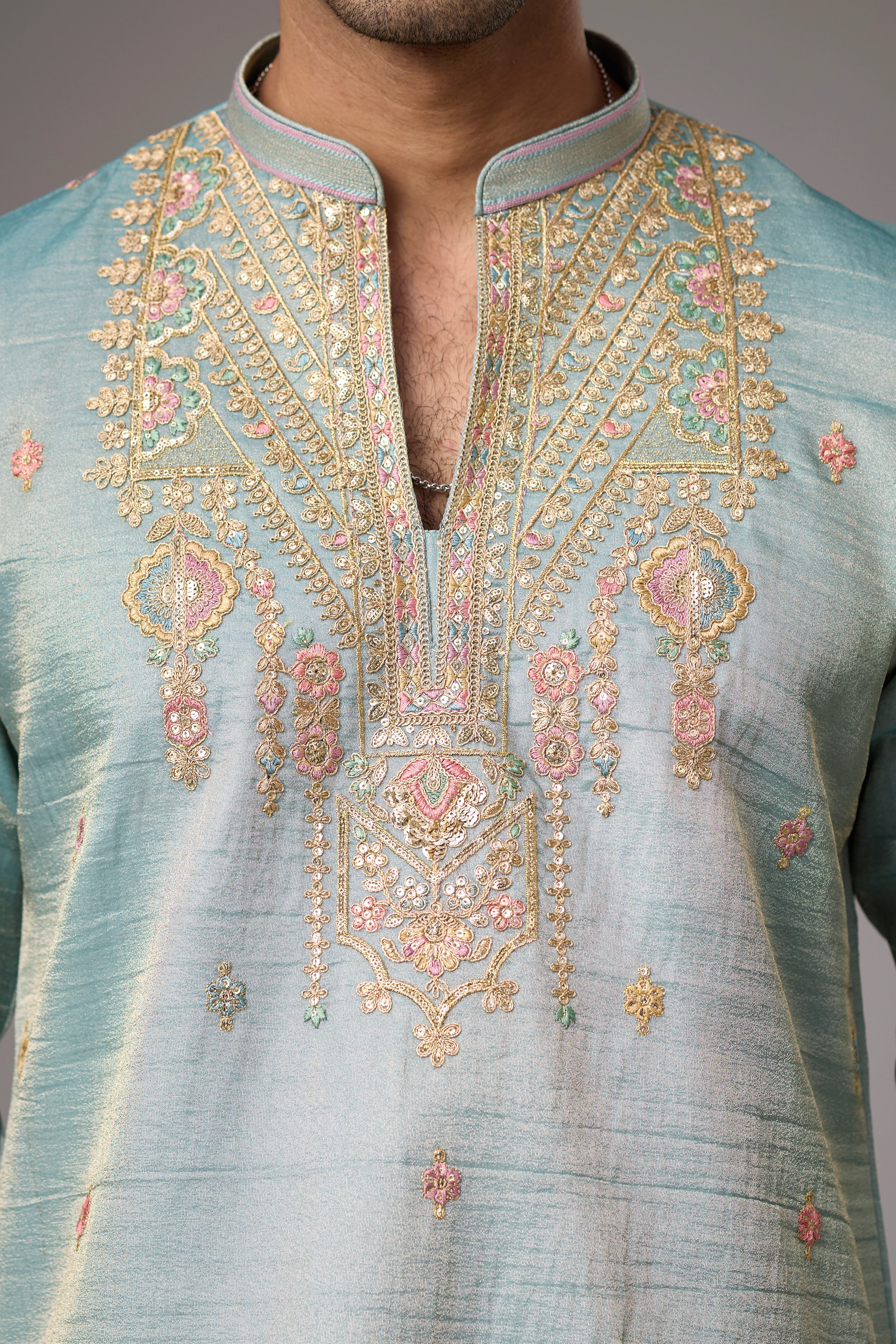 Celadon Blue Heritage Embroidered Kurta Set