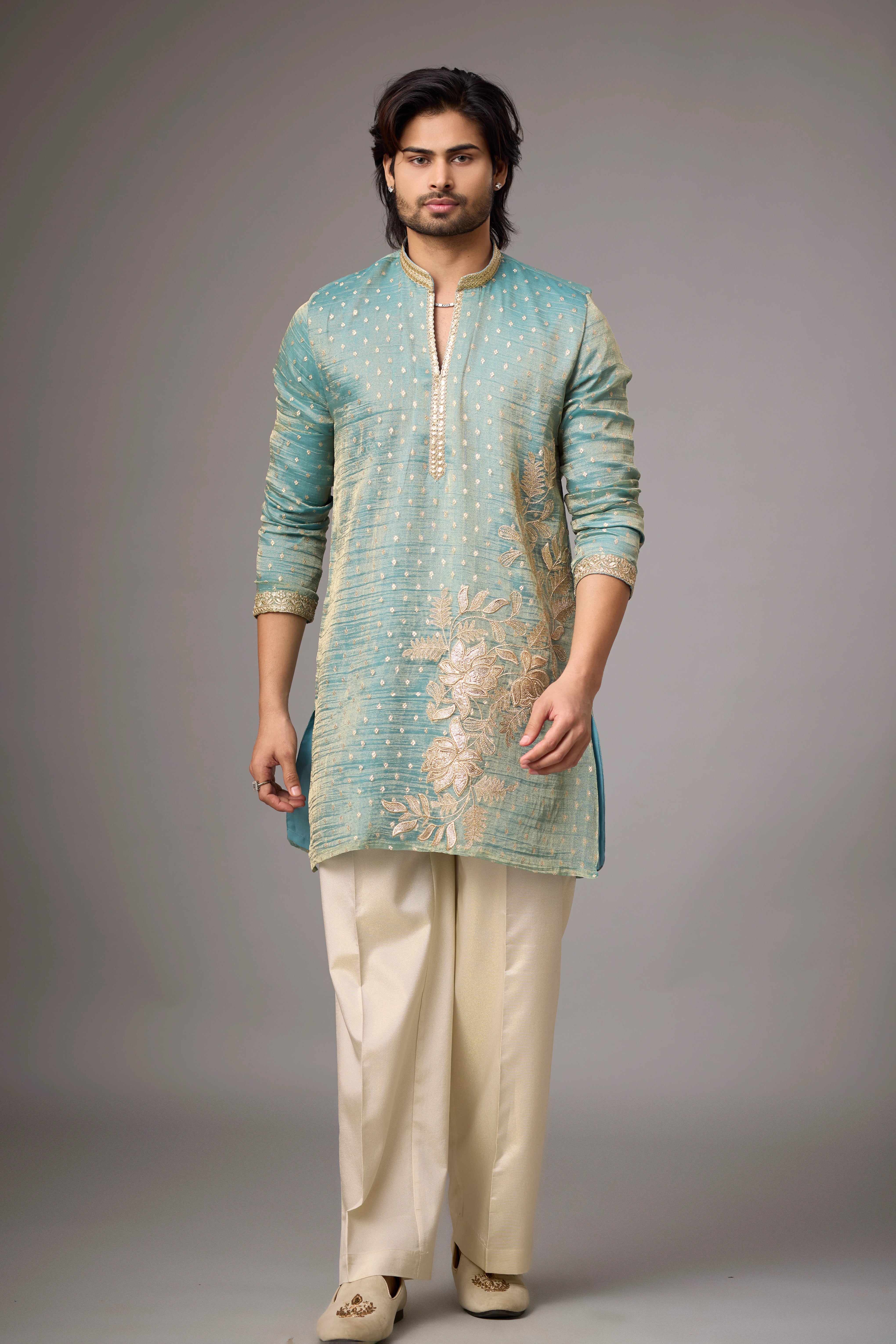 Sage Teal Floral Embroidered Kurta Set