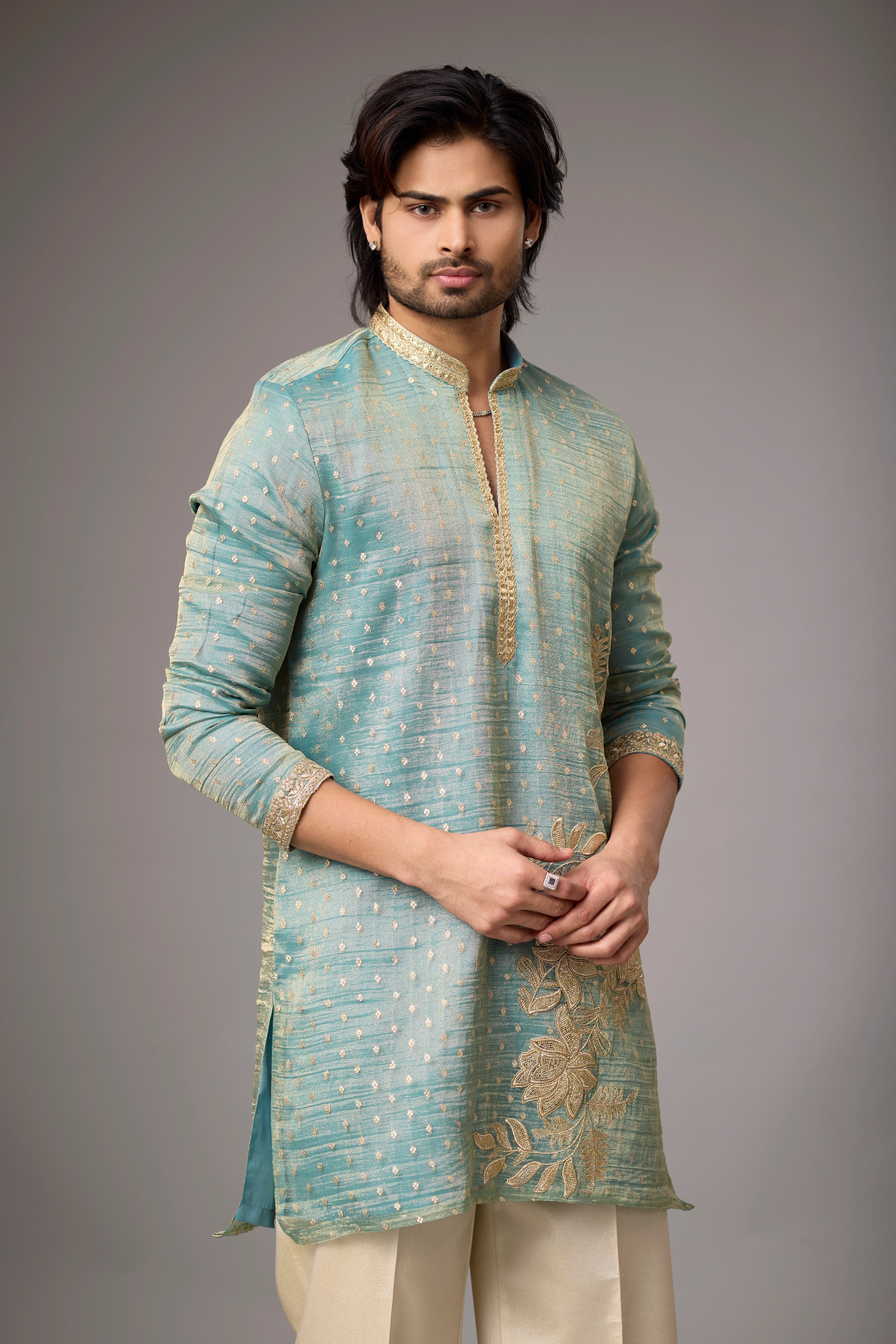 Sage Teal Floral Embroidered Kurta Set