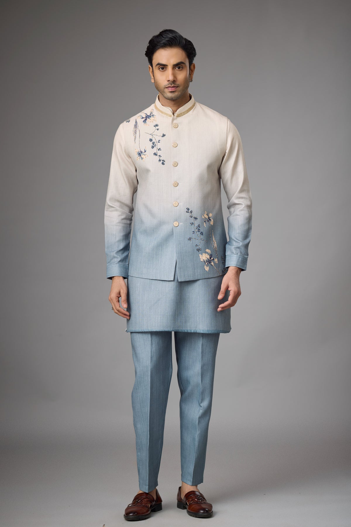 Azure Mist Floral Embroidered Jacket Kurta Set