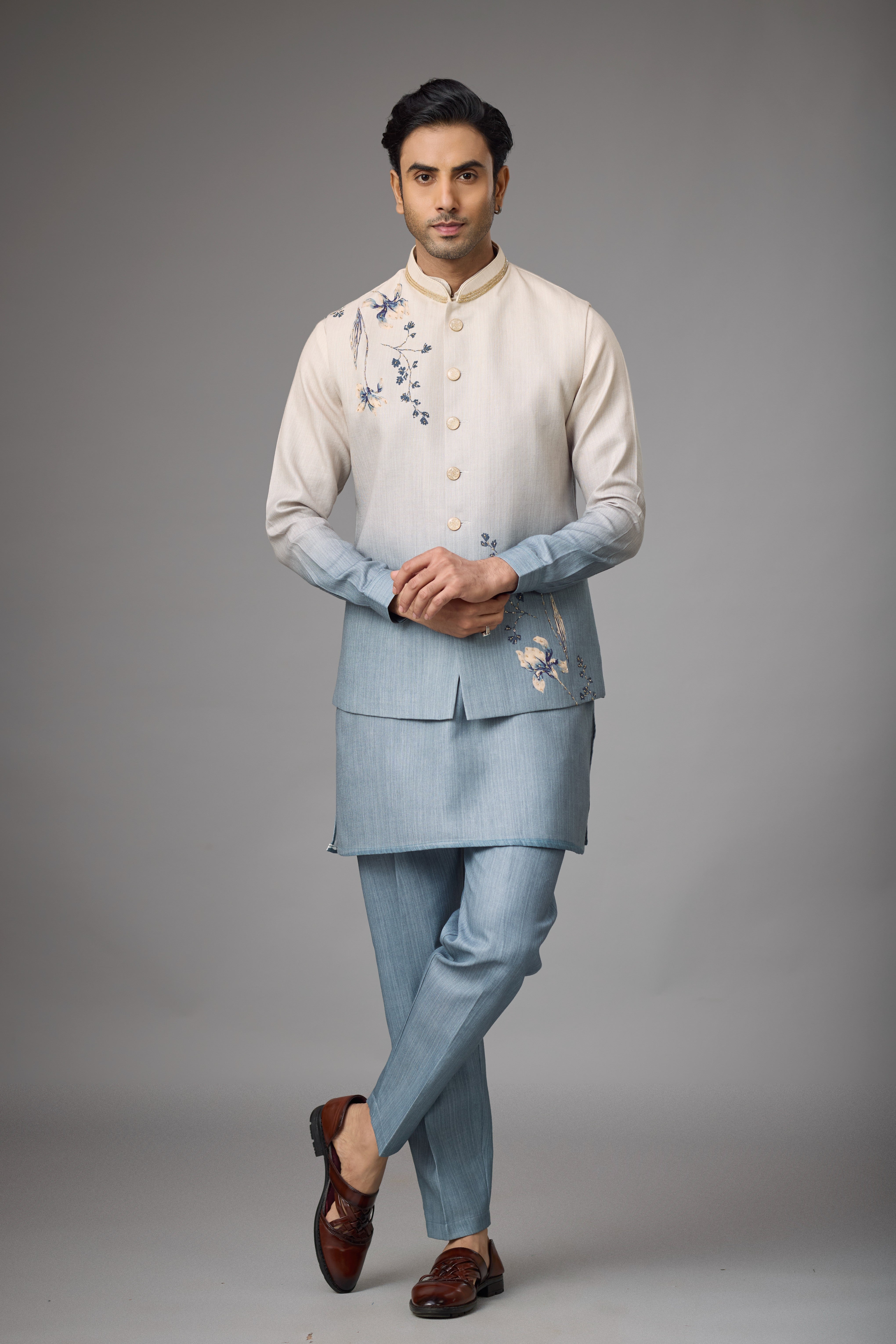 Azure Mist Floral Embroidered Jacket Kurta Set