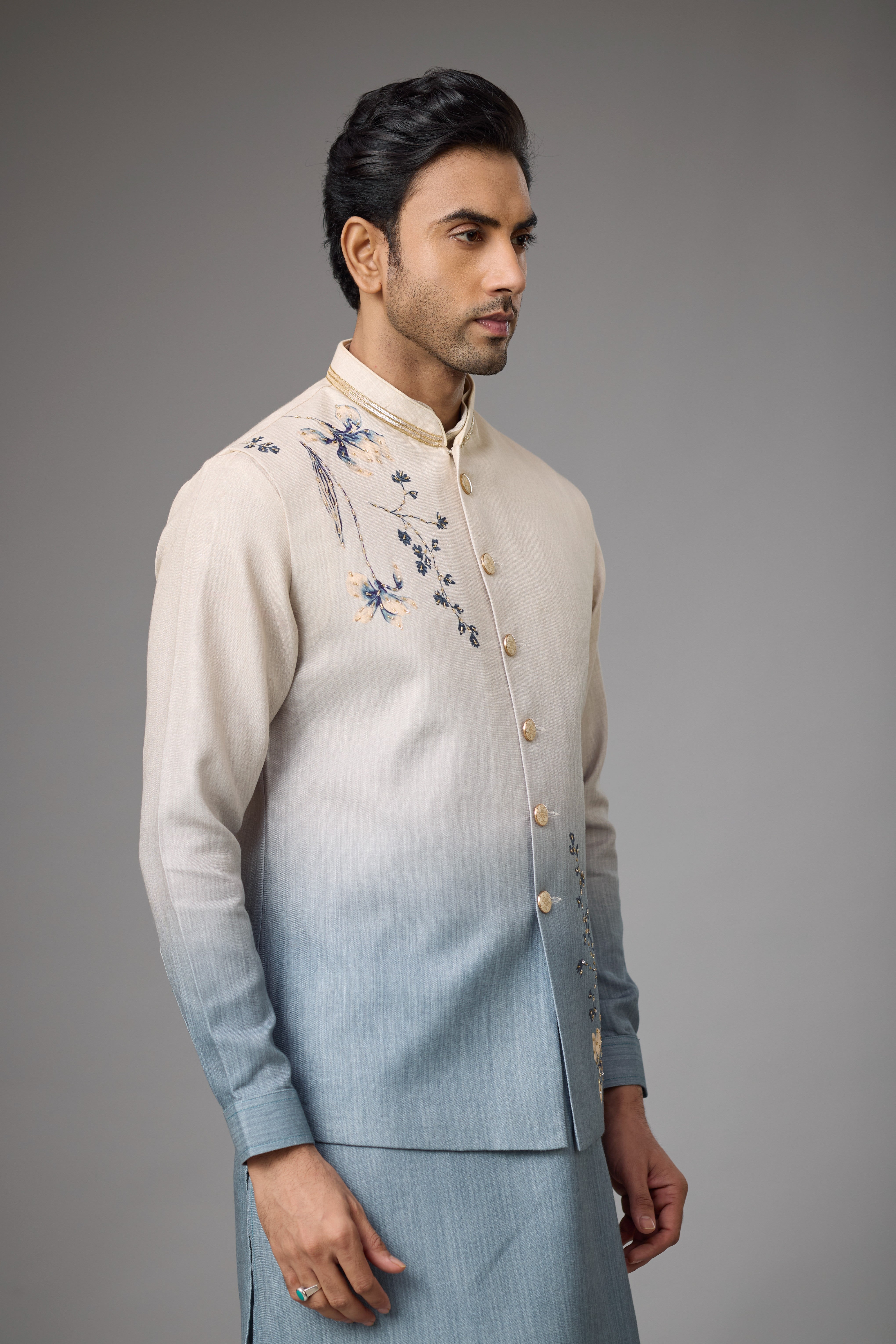 Azure Mist Floral Embroidered Jacket Kurta Set