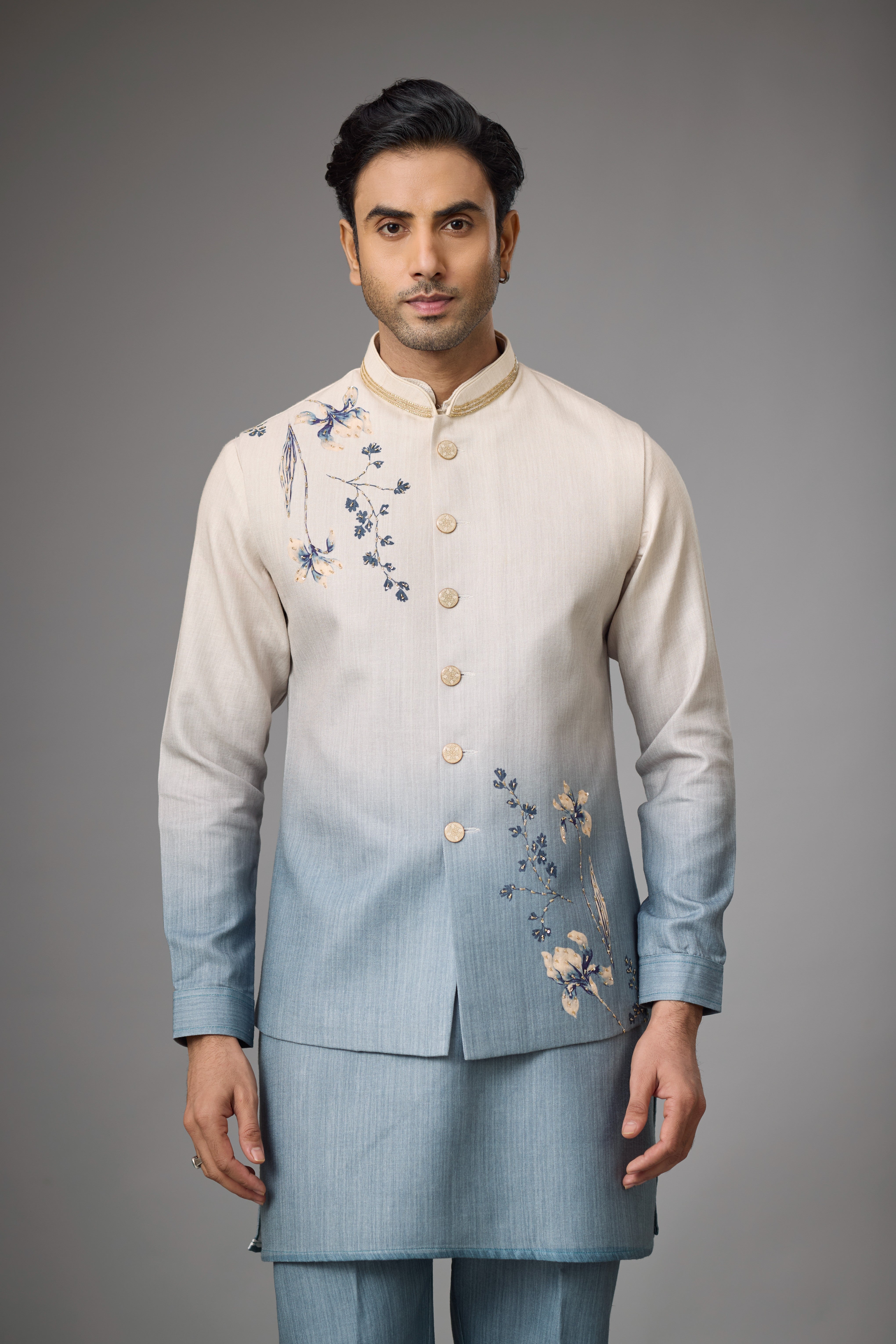 Azure Mist Floral Embroidered Jacket Kurta Set
