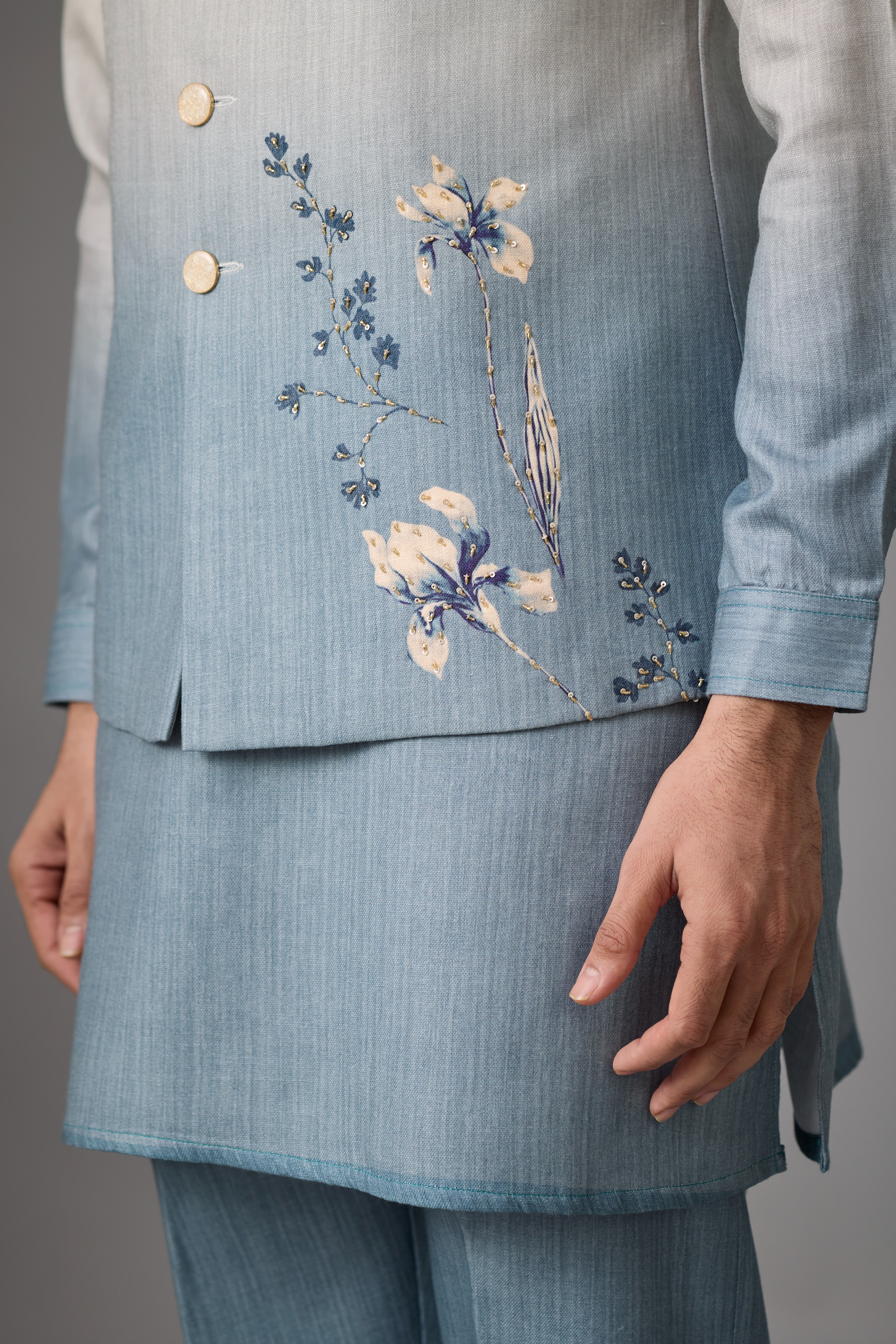 Azure Mist Floral Embroidered Jacket Kurta Set