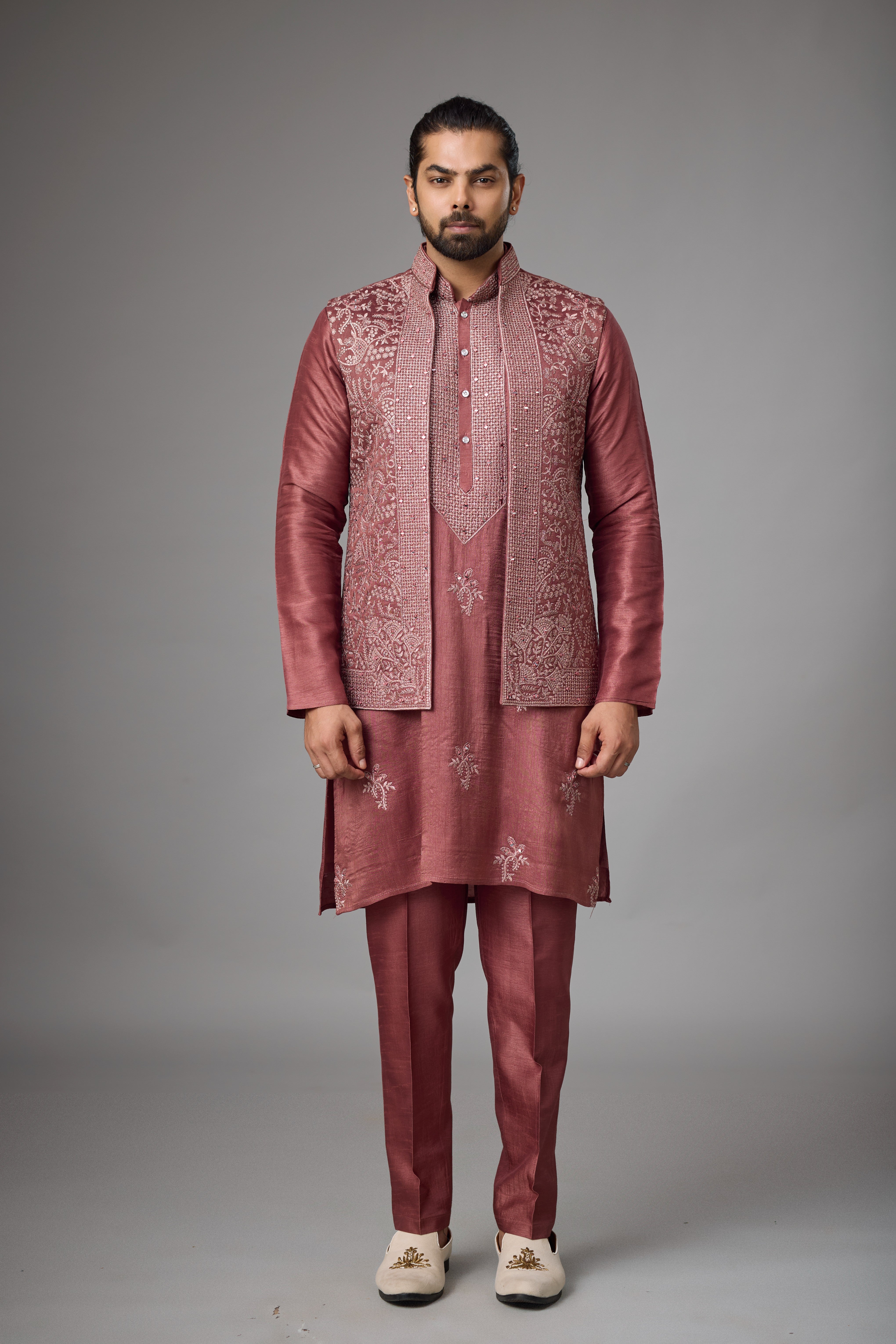 Regal Rosewood Embroidered Jacket Kurta Set
