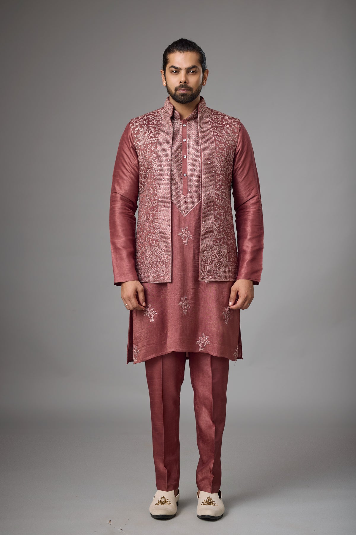 Regal Rosewood Embroidered Jacket Kurta Set