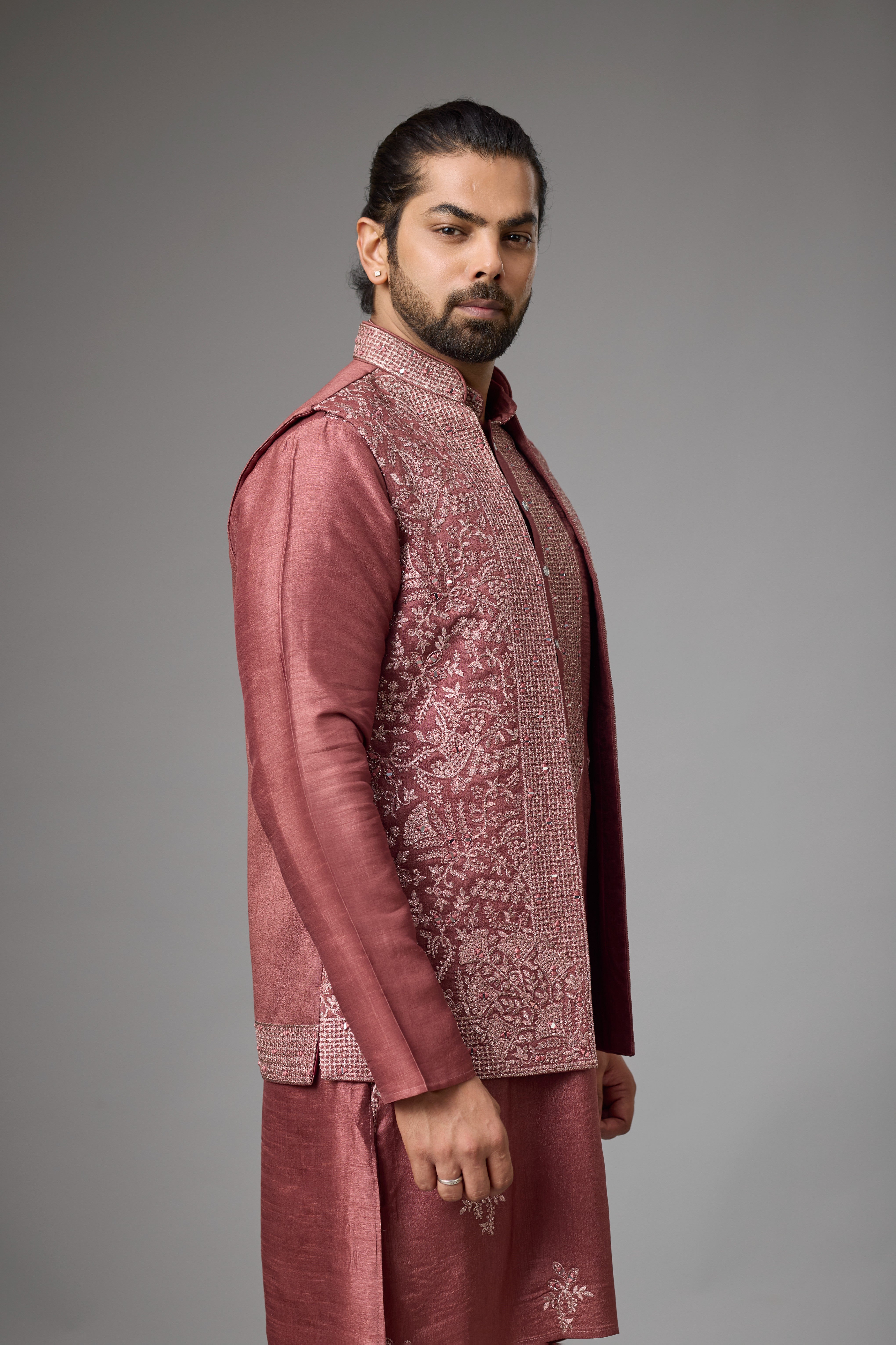 Regal Rosewood Embroidered Jacket Kurta Set