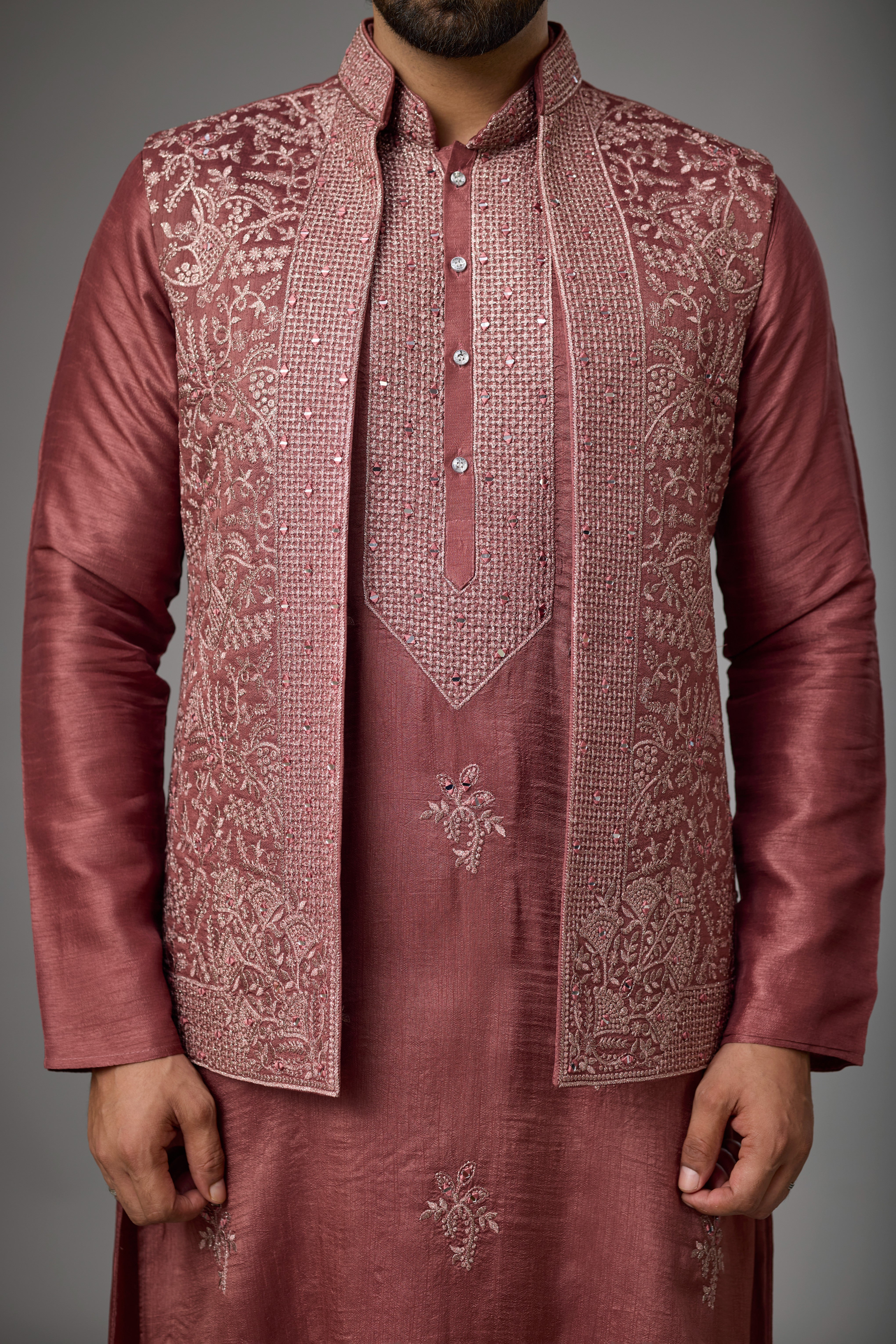 Regal Rosewood Embroidered Jacket Kurta Set