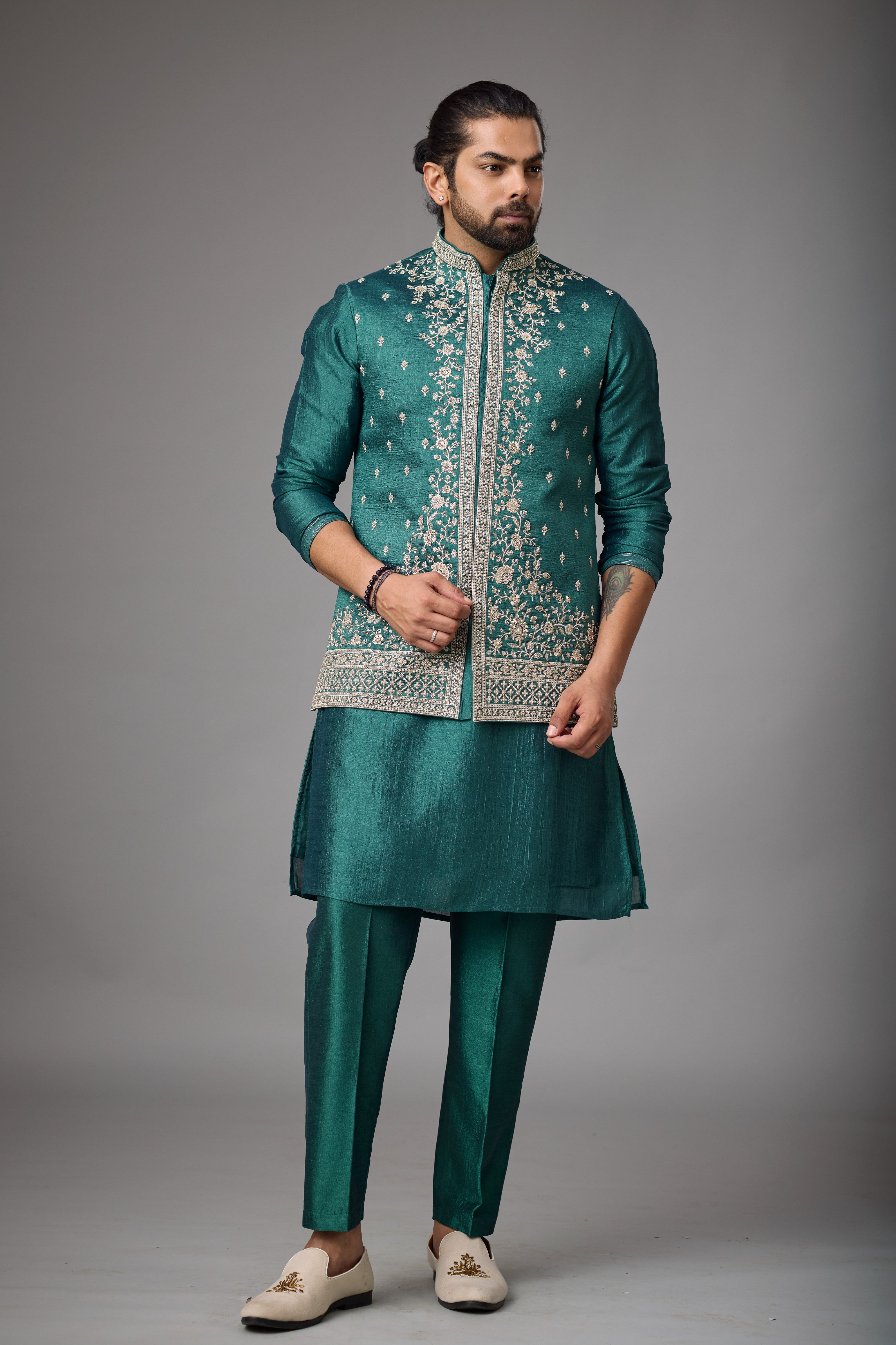 Emerald Heritage Floral Embroidered Jacket Kurta Set
