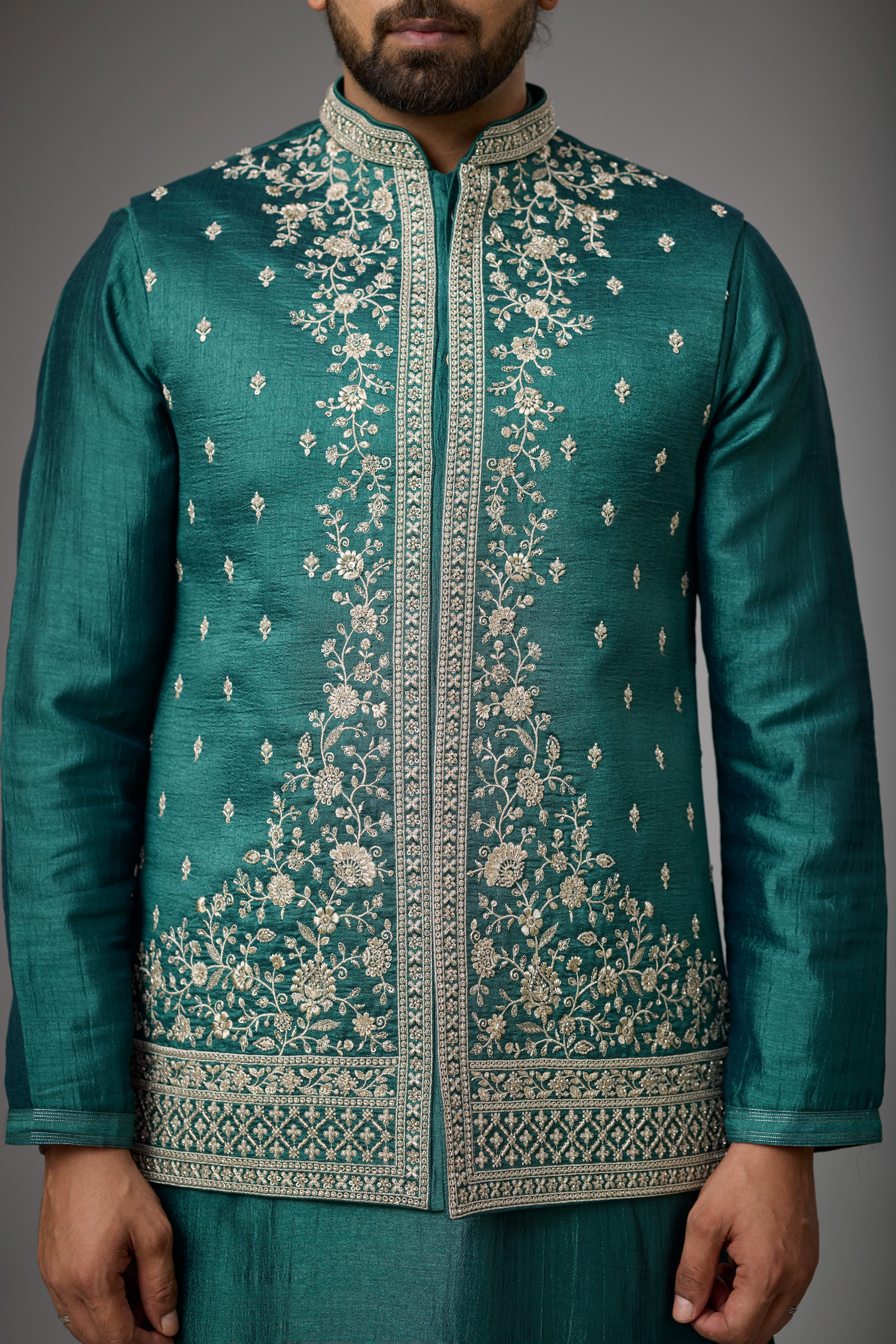 Emerald Heritage Floral Embroidered Jacket Kurta Set