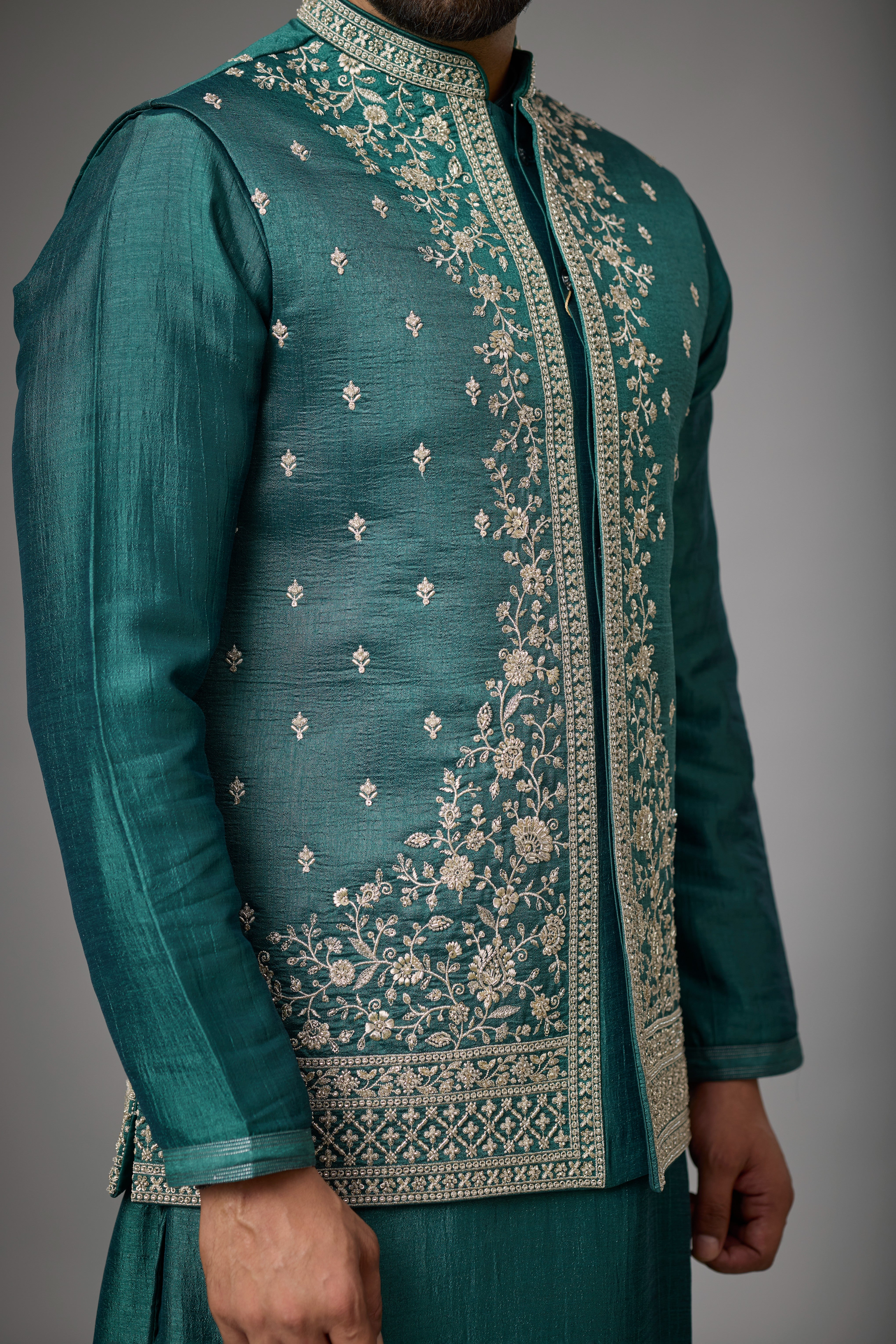 Emerald Heritage Floral Embroidered Jacket Kurta Set