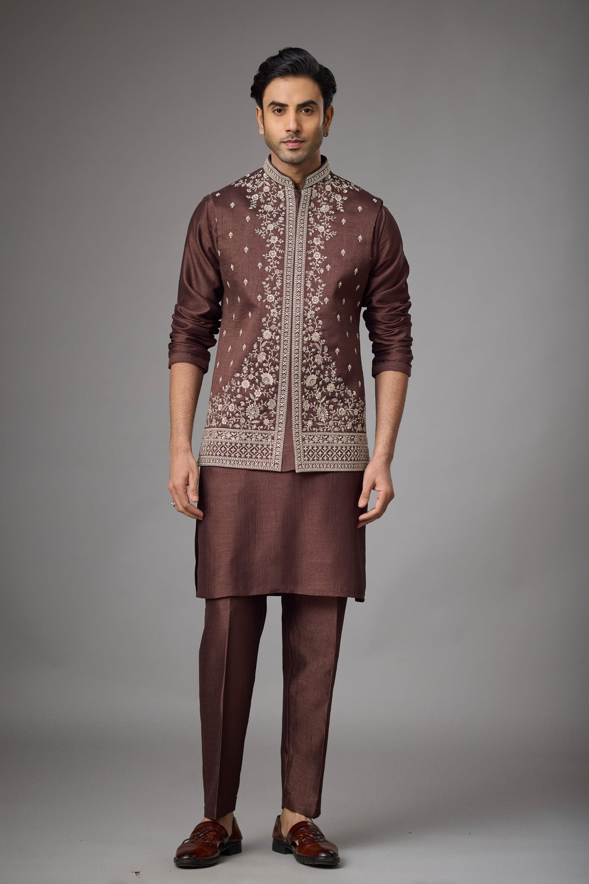 Regal Cocoa Heritage Embroidered Jacket Kurta Set