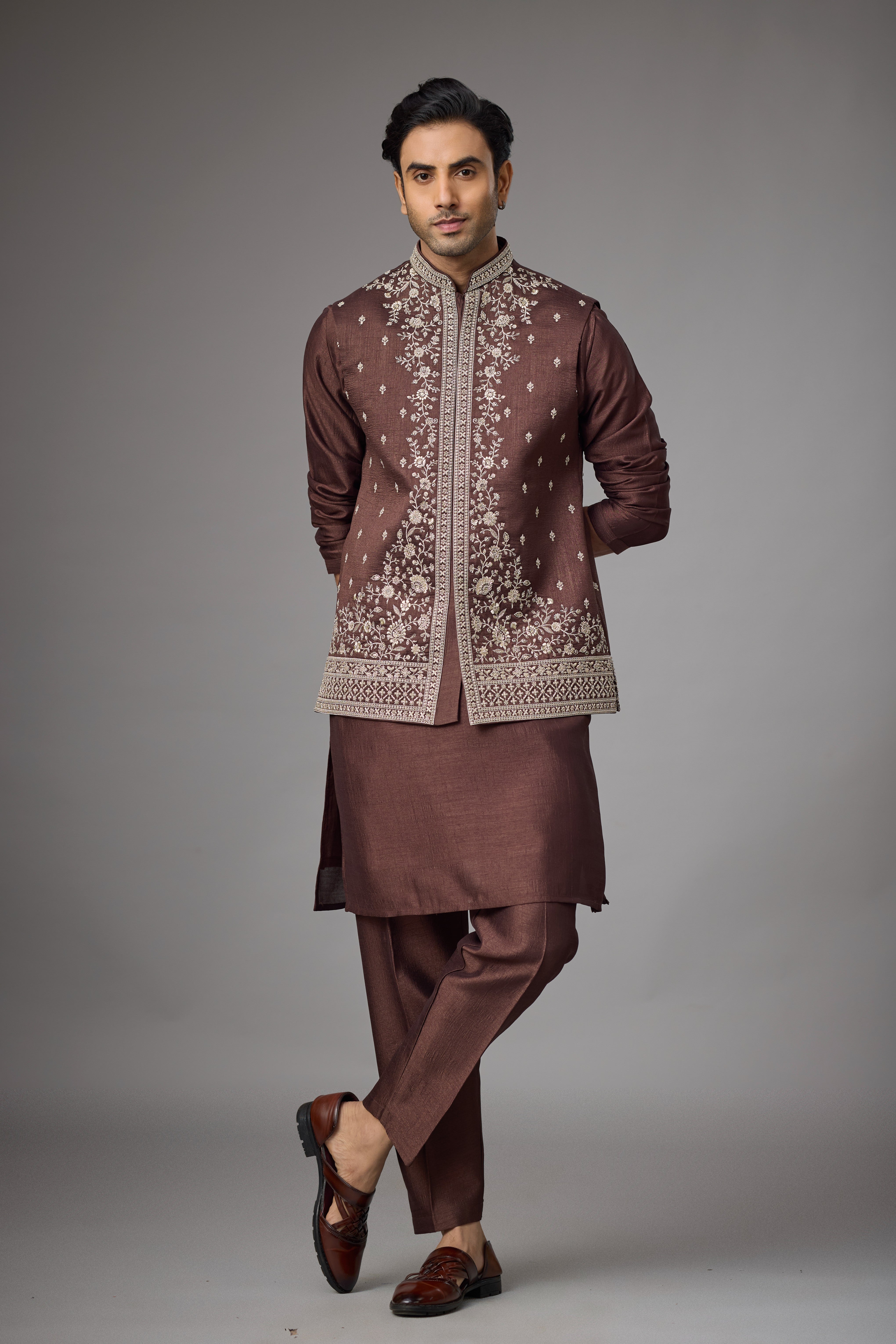 Regal Cocoa Heritage Embroidered Jacket Kurta Set