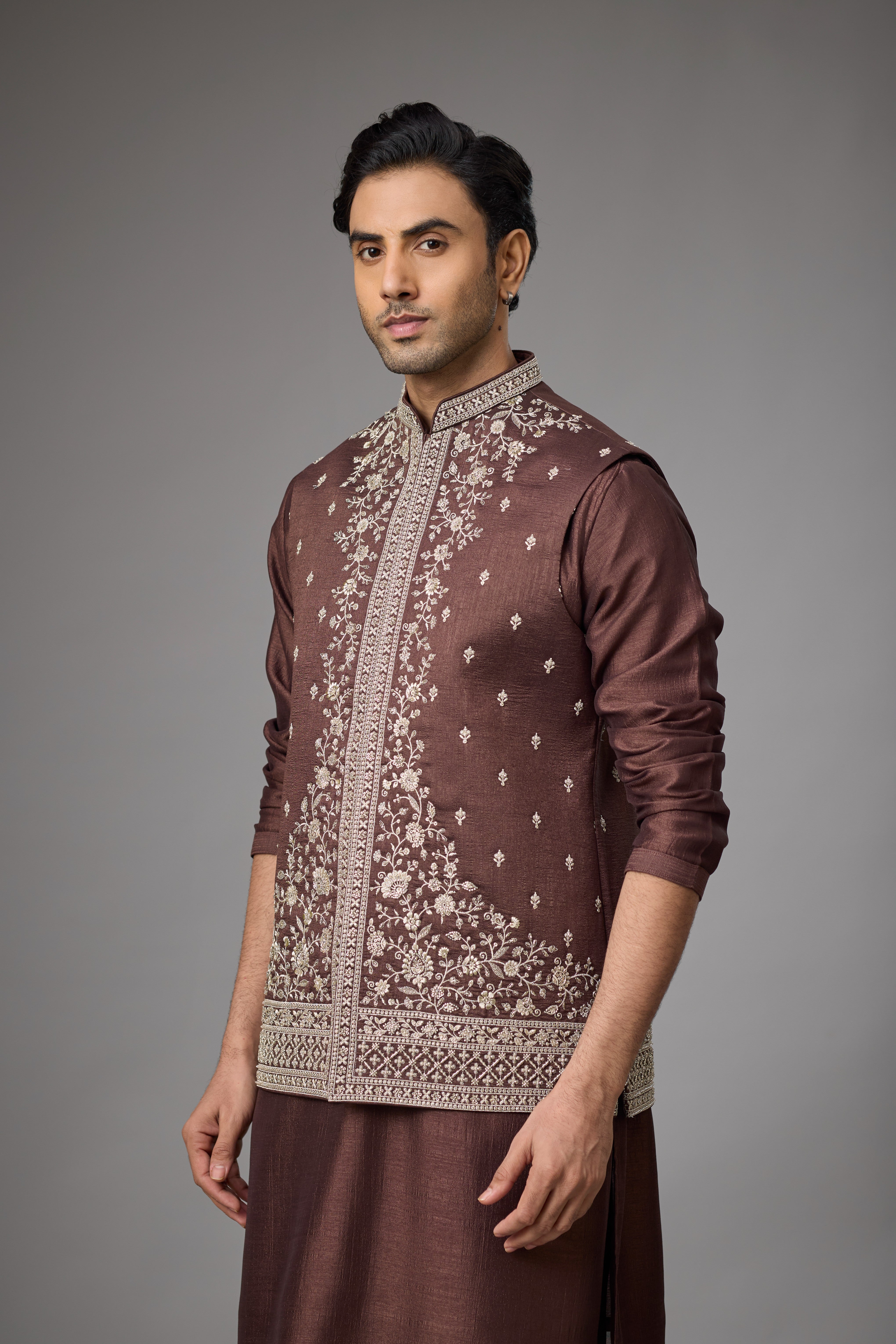 Regal Cocoa Heritage Embroidered Jacket Kurta Set