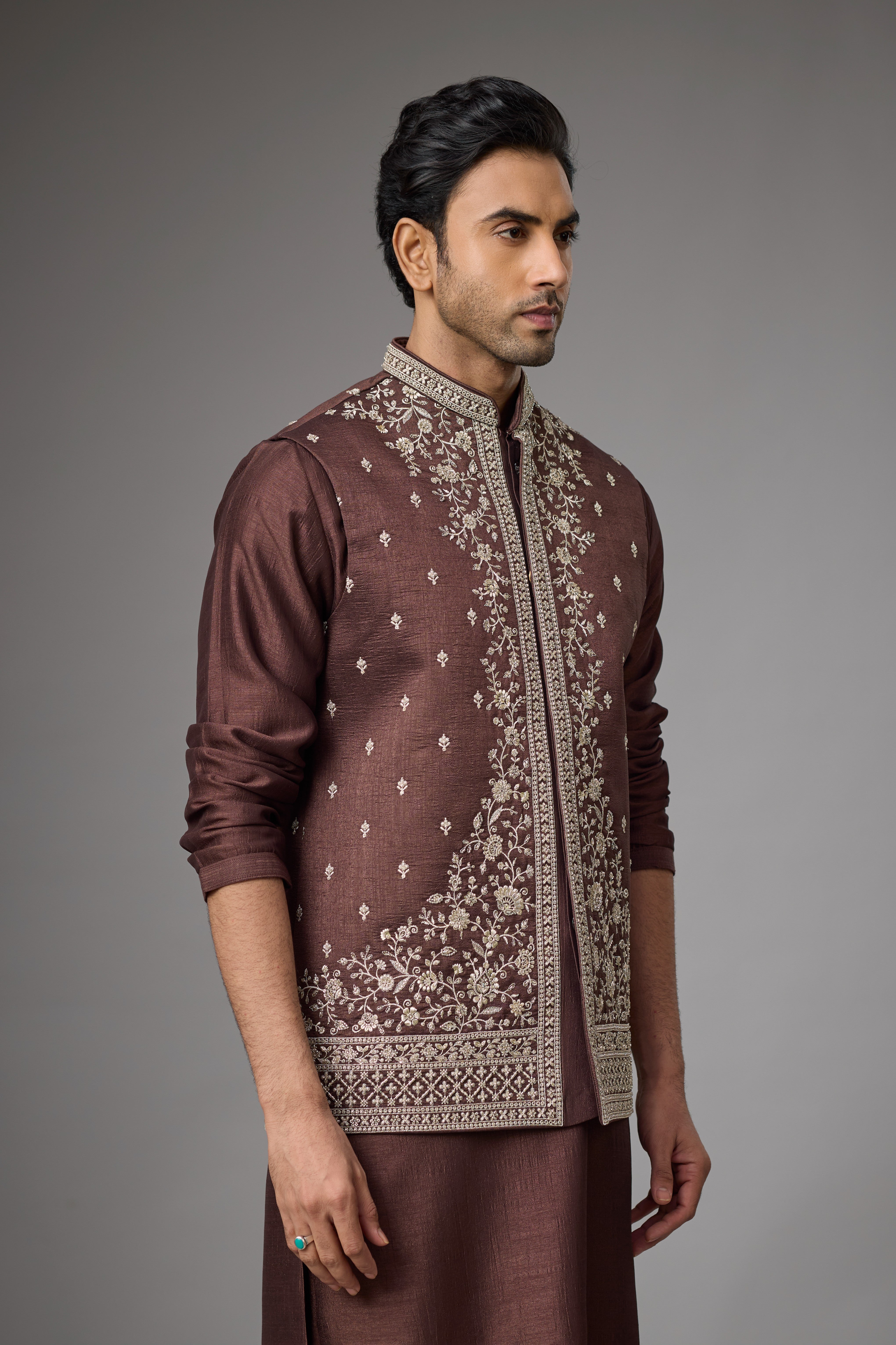 Regal Cocoa Heritage Embroidered Jacket Kurta Set