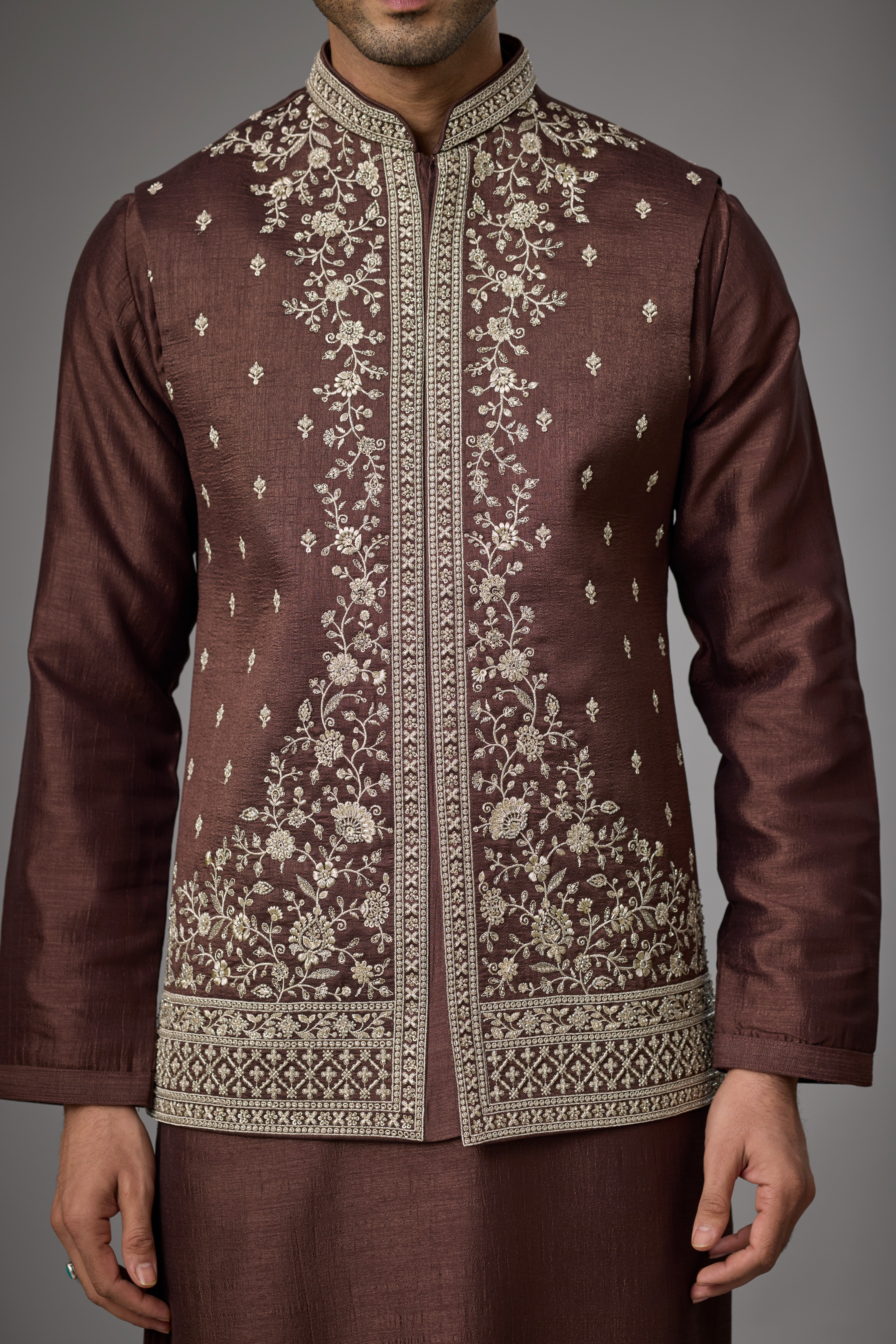 Regal Cocoa Heritage Embroidered Jacket Kurta Set