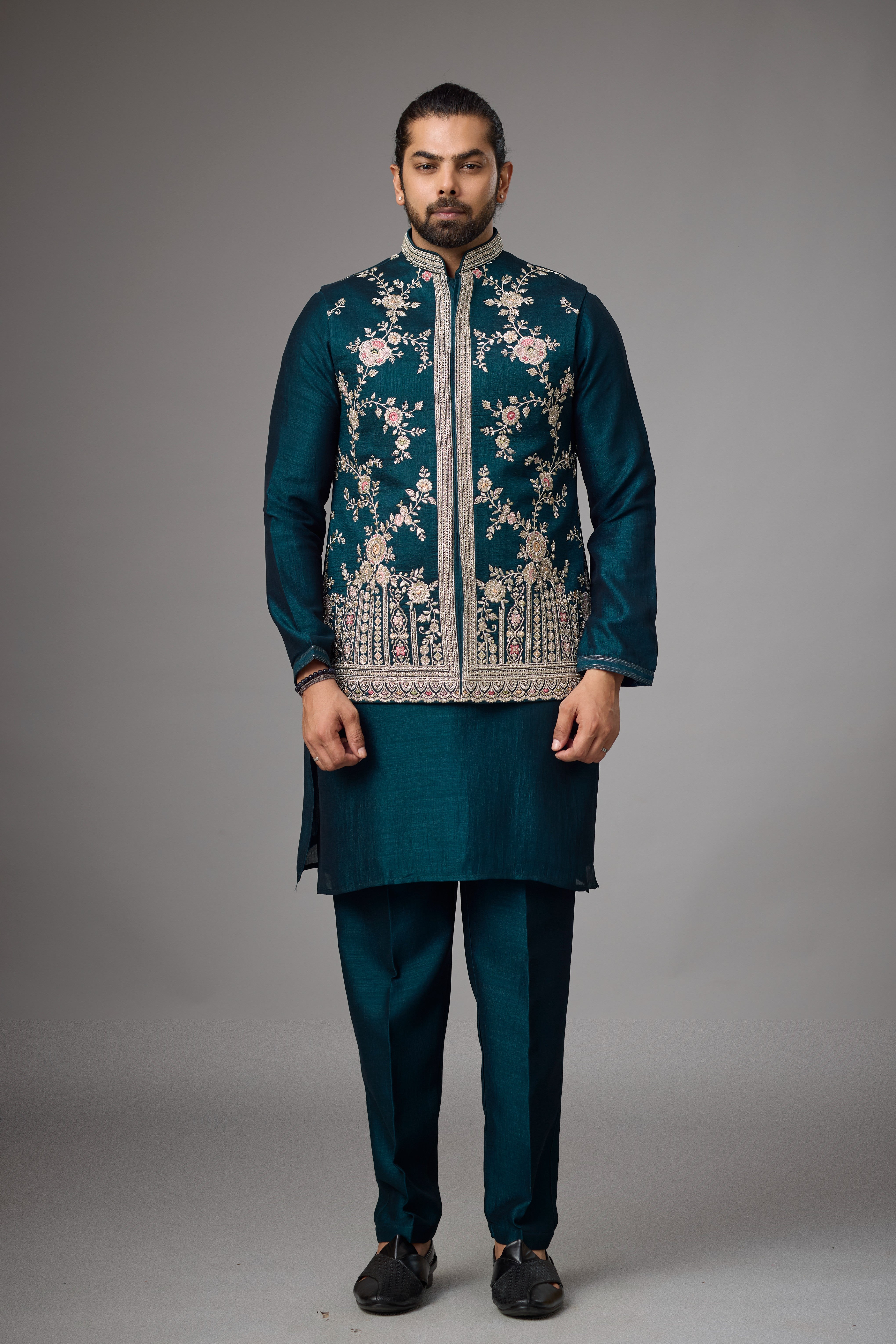 Emerald Teal Floral Embroidered Jacket Kurta Set