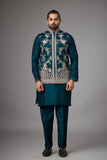 Emerald Teal Floral Embroidered Jacket Kurta Set