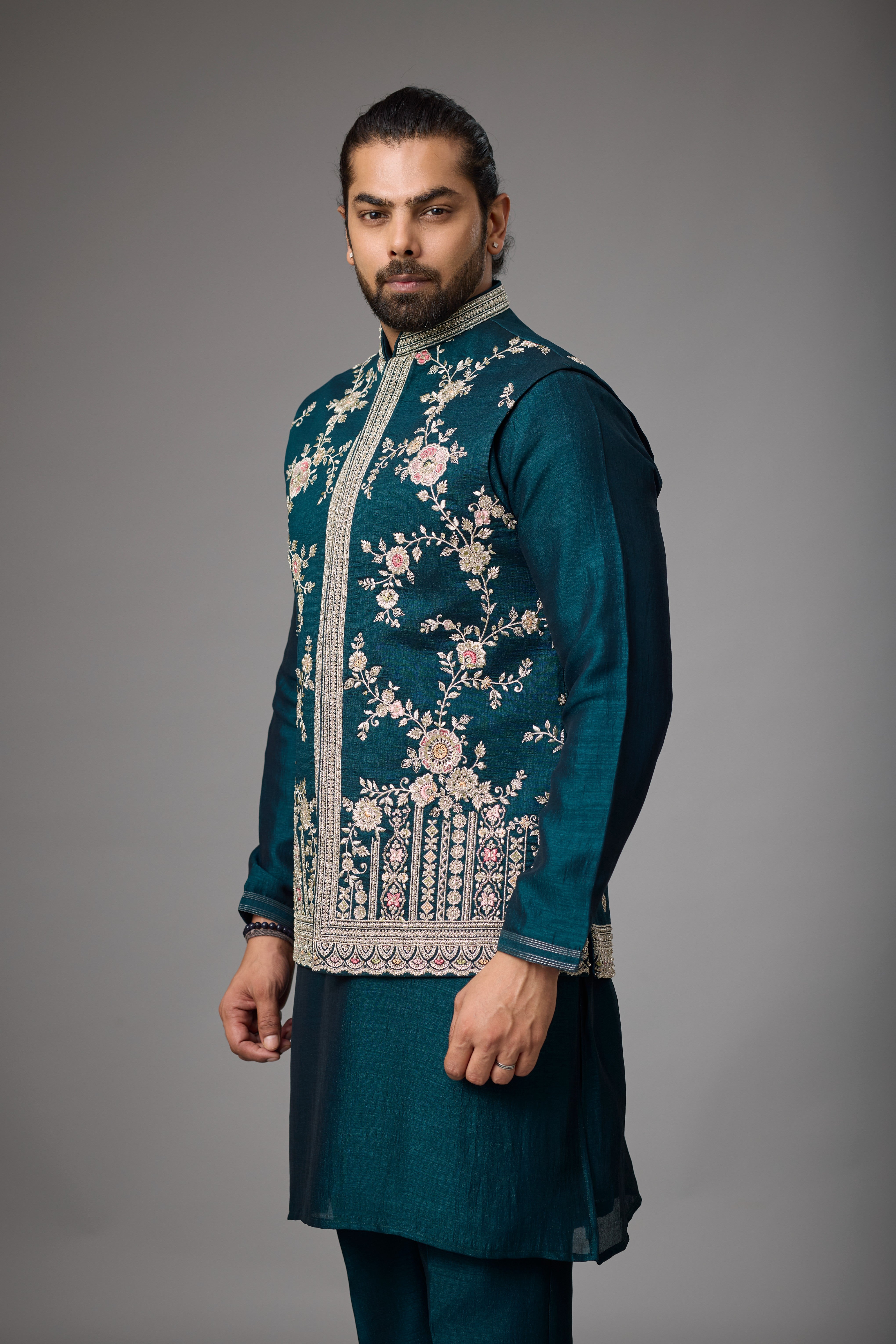 Emerald Teal Floral Embroidered Jacket Kurta Set
