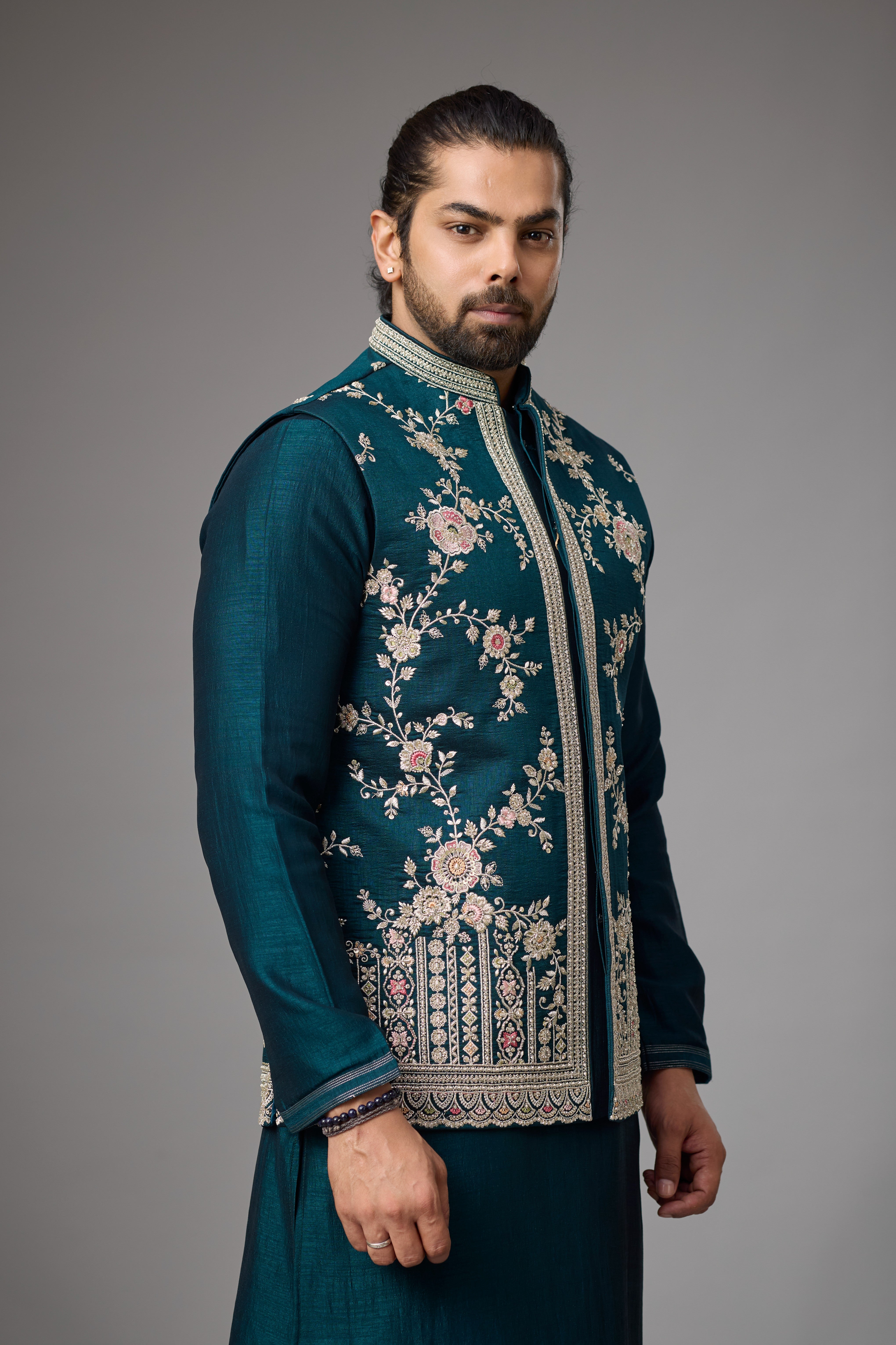 Emerald Teal Floral Embroidered Jacket Kurta Set