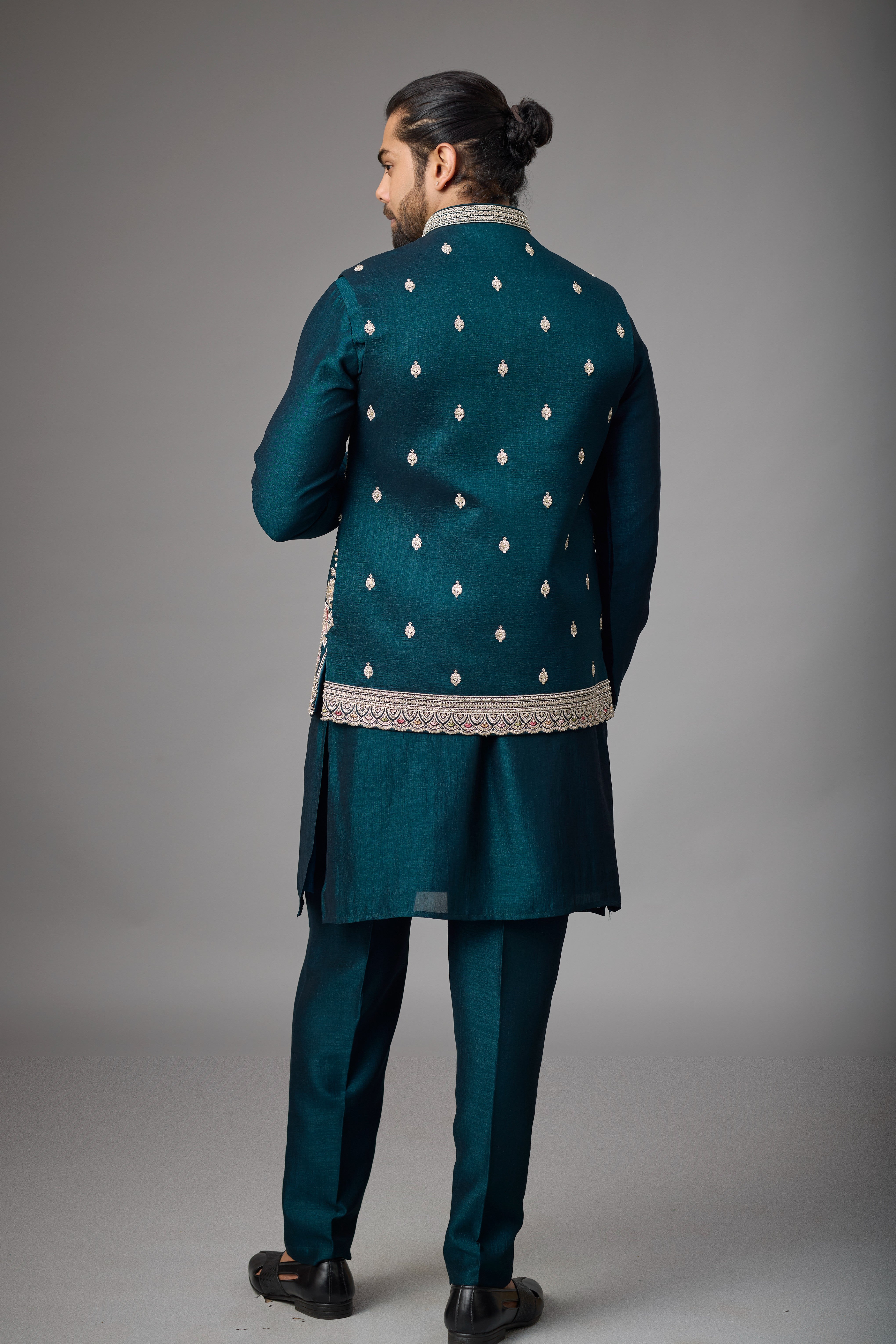 Emerald Teal Floral Embroidered Jacket Kurta Set