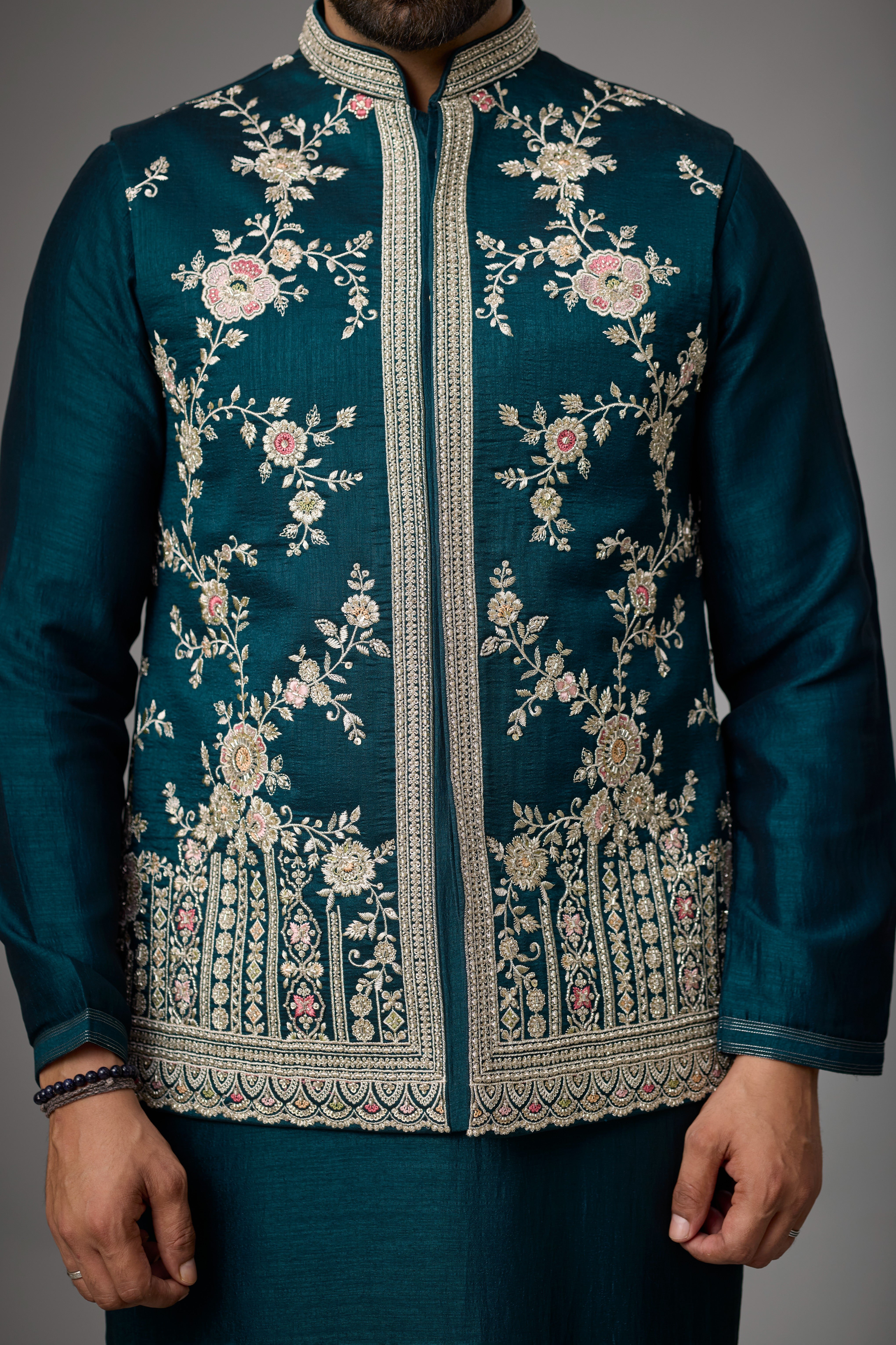 Emerald Teal Floral Embroidered Jacket Kurta Set