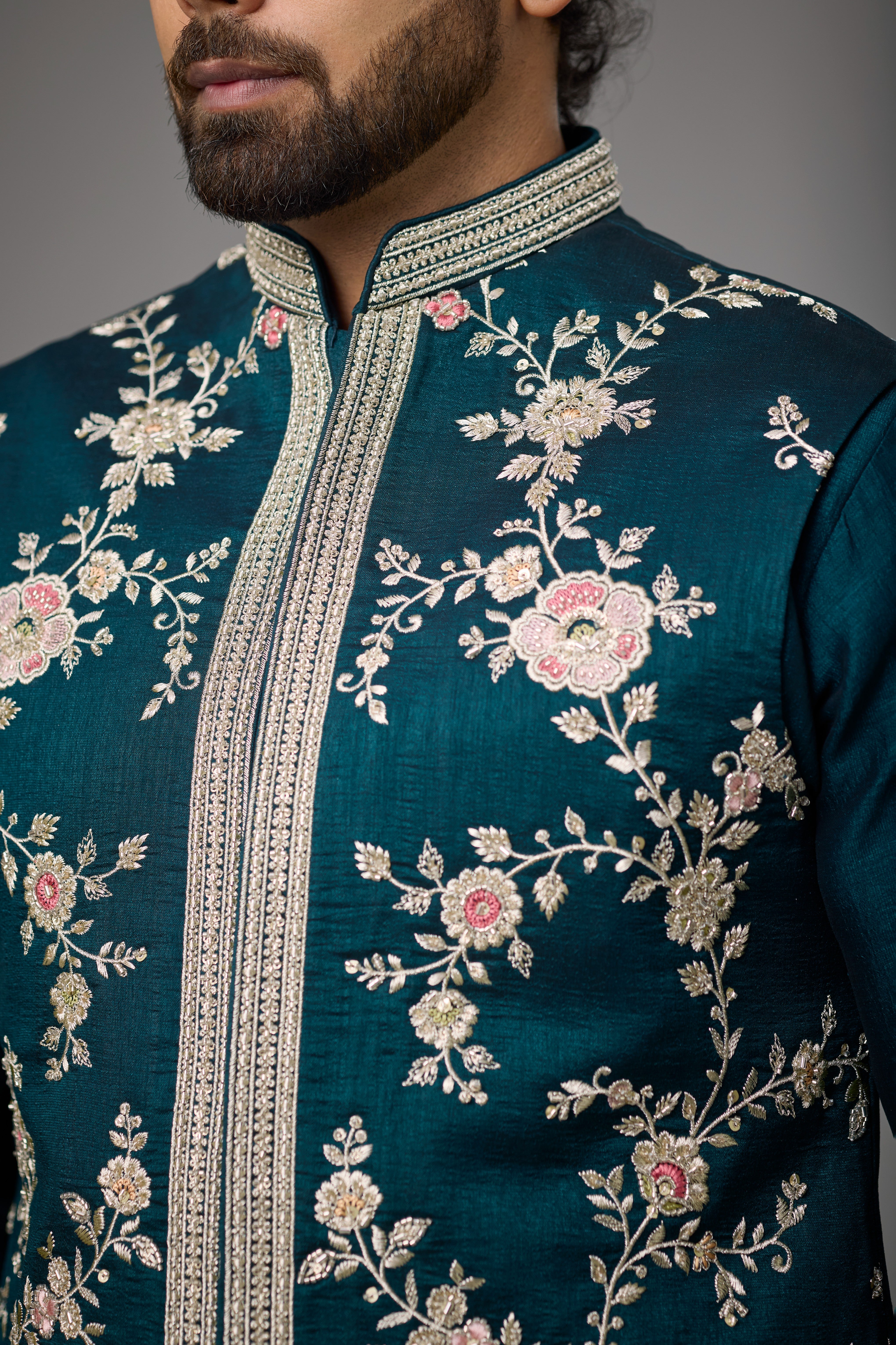 Emerald Teal Floral Embroidered Jacket Kurta Set