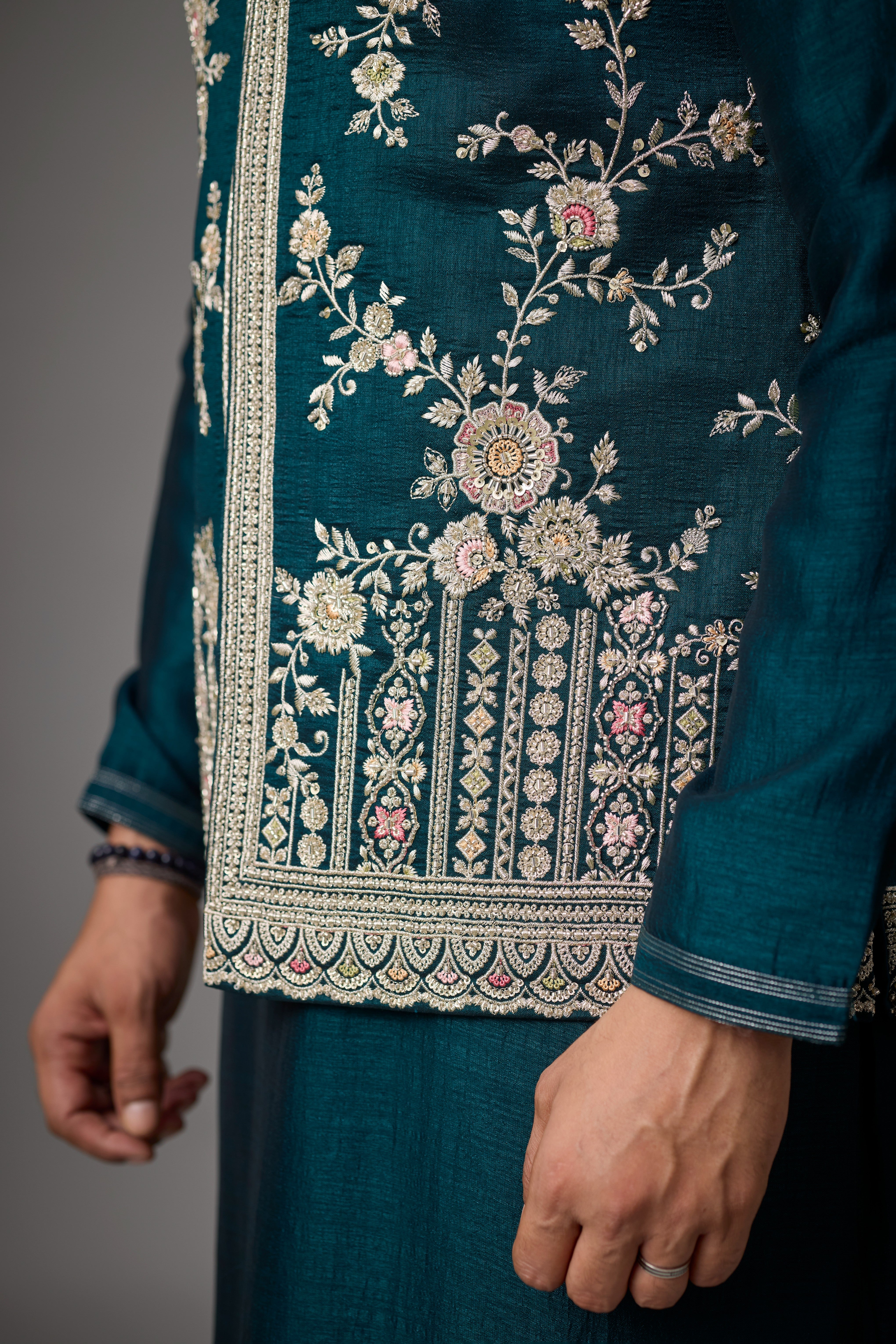 Emerald Teal Floral Embroidered Jacket Kurta Set