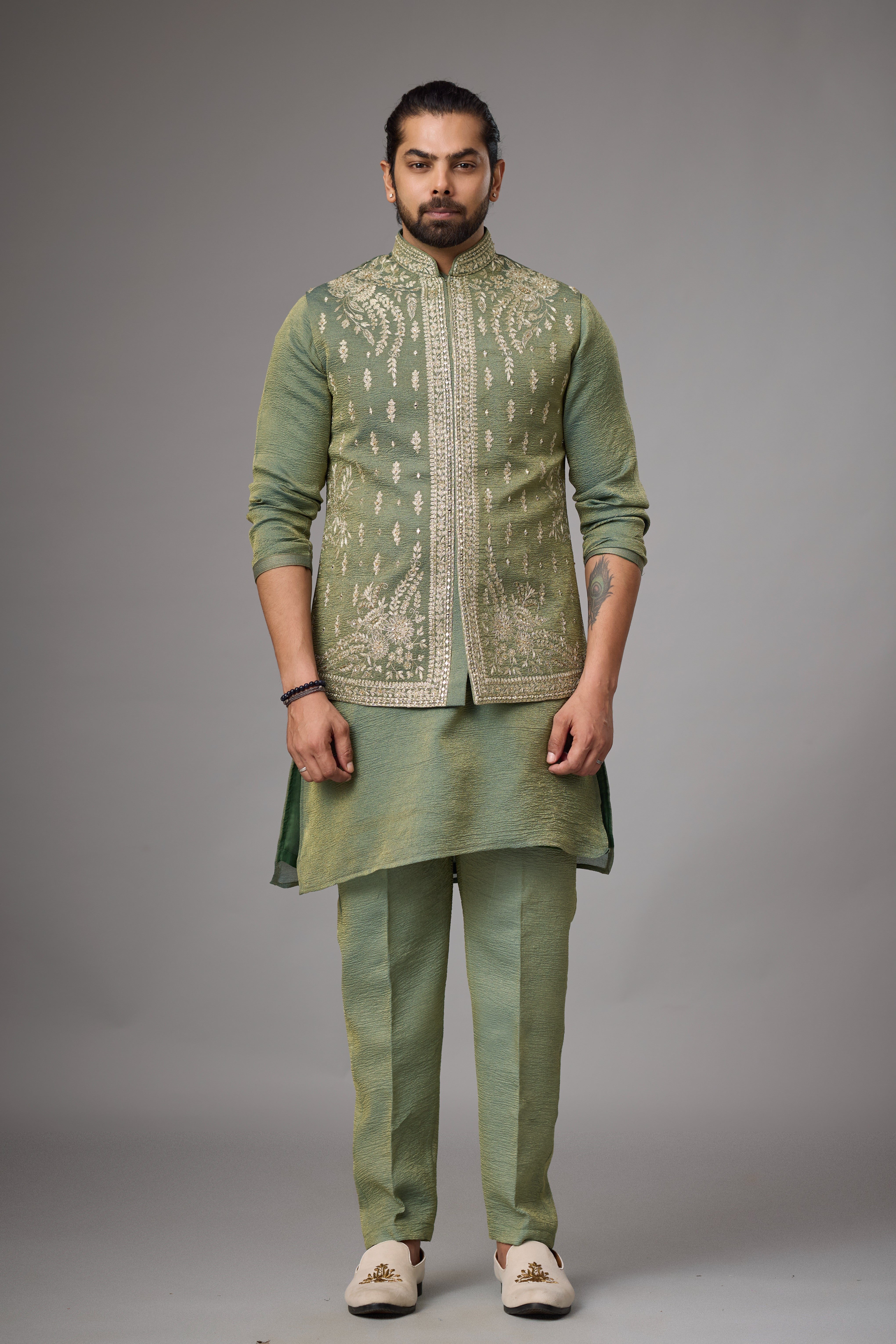 Olive Sage Embroidered Jacket Kurta Set