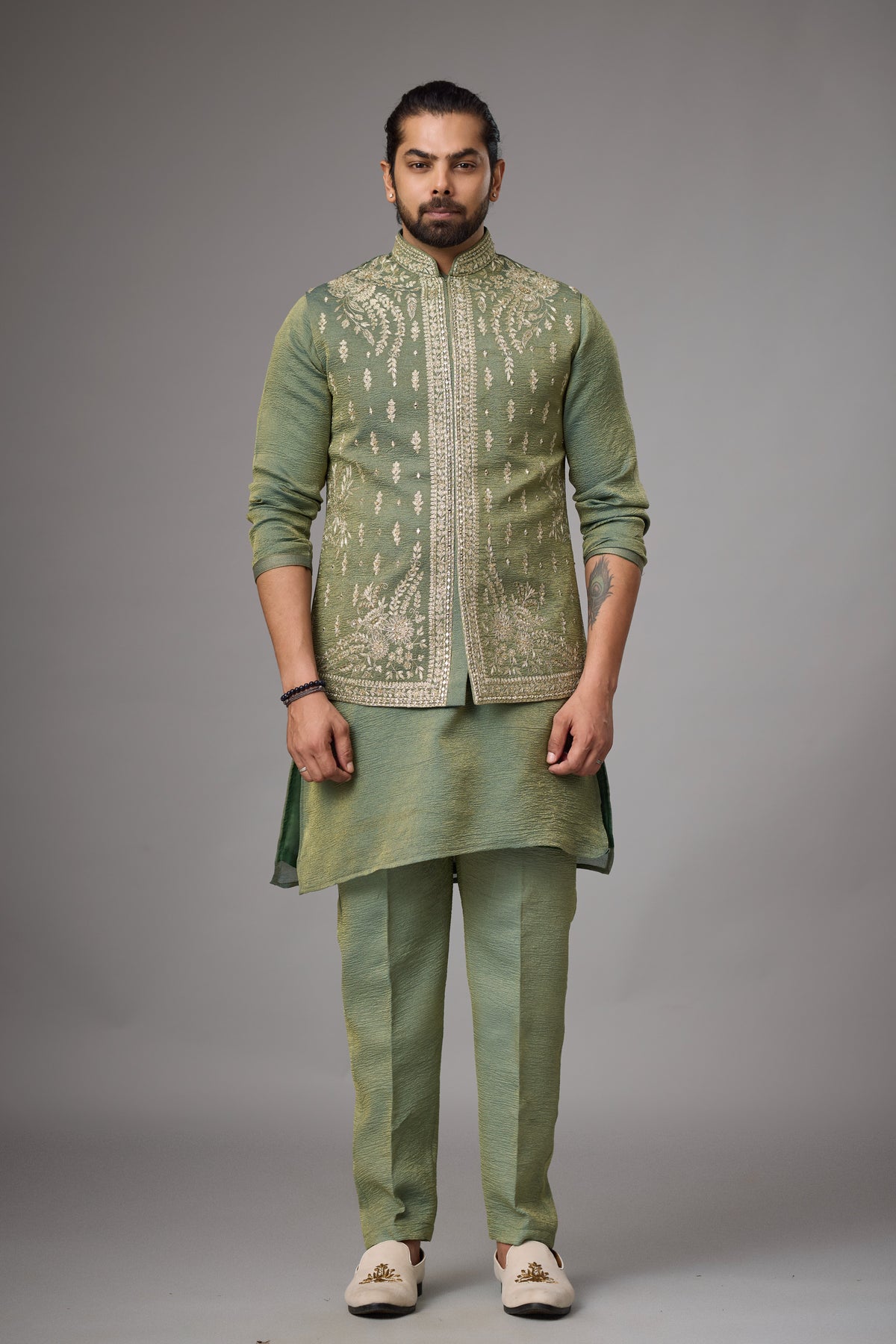 Olive Sage Embroidered Jacket Kurta Set