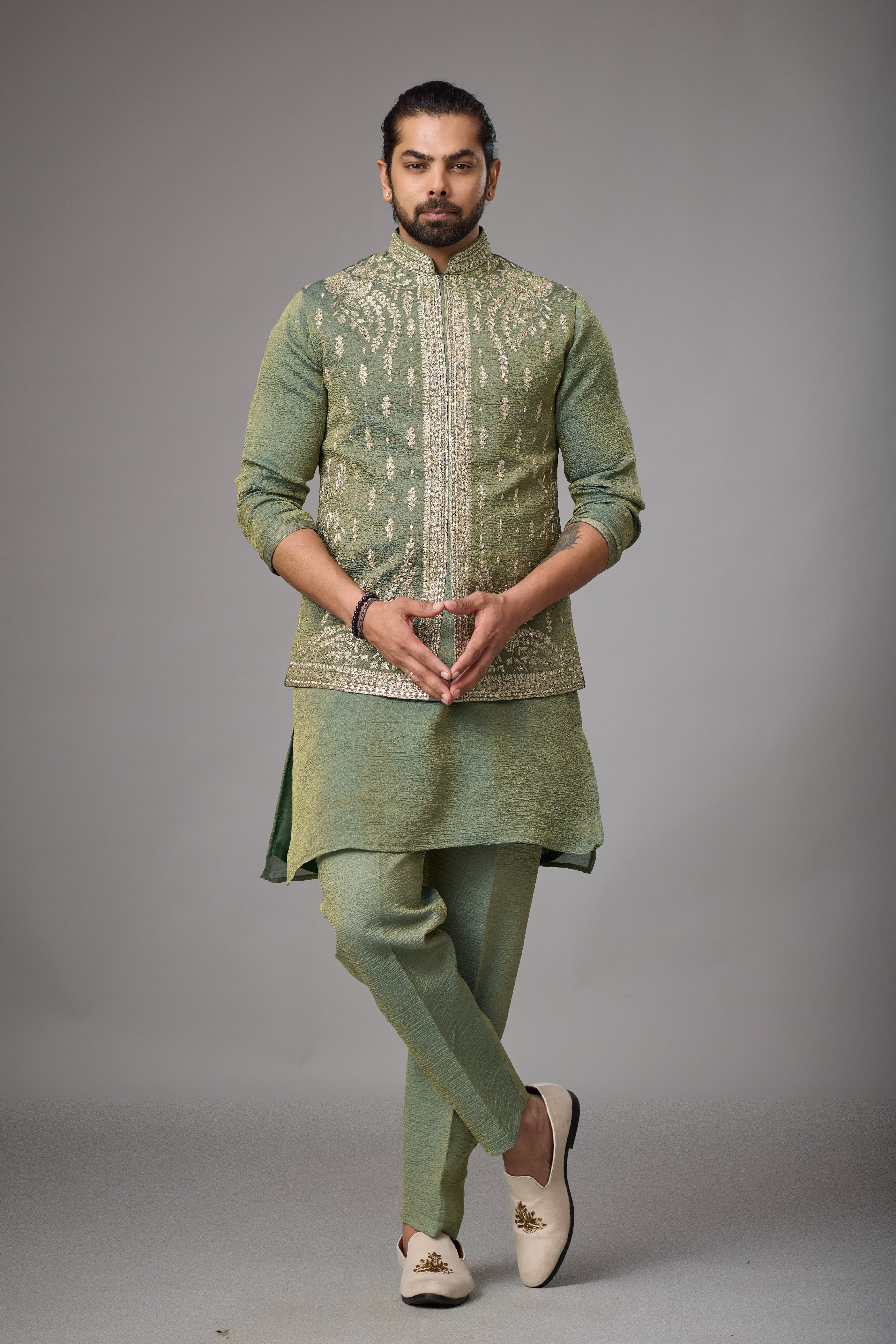 Olive Sage Embroidered Jacket Kurta Set