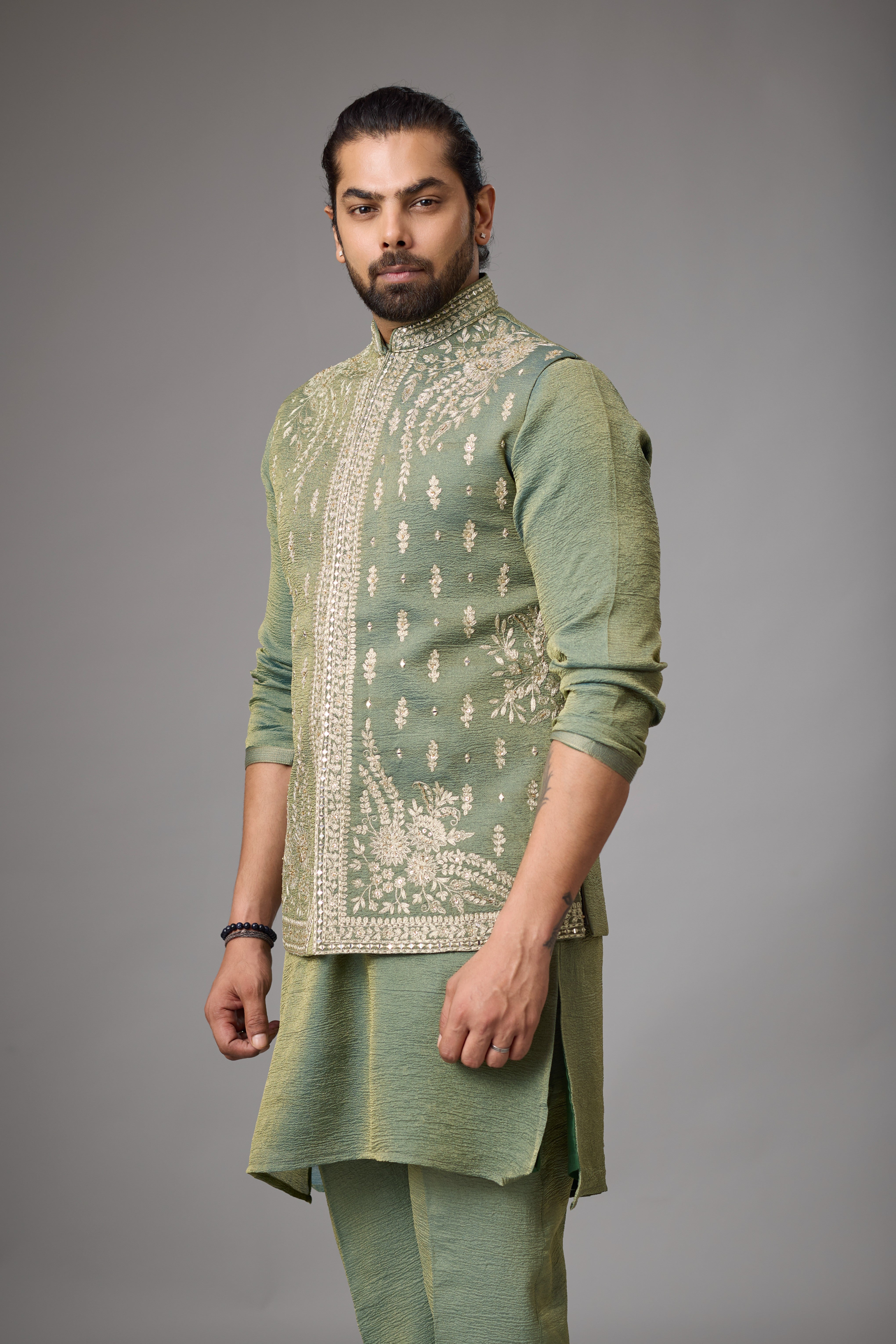 Olive Sage Embroidered Jacket Kurta Set