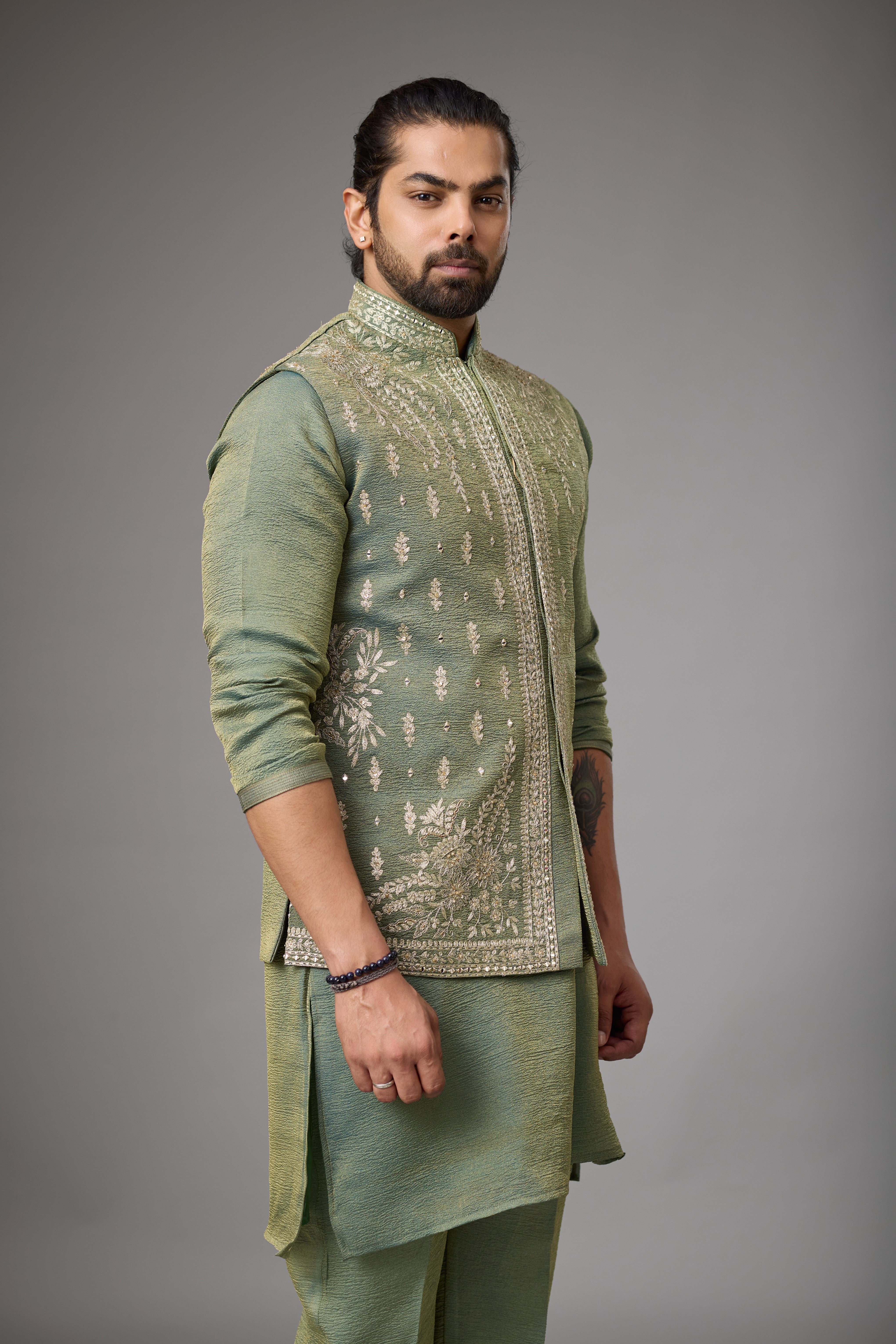 Olive Sage Embroidered Jacket Kurta Set