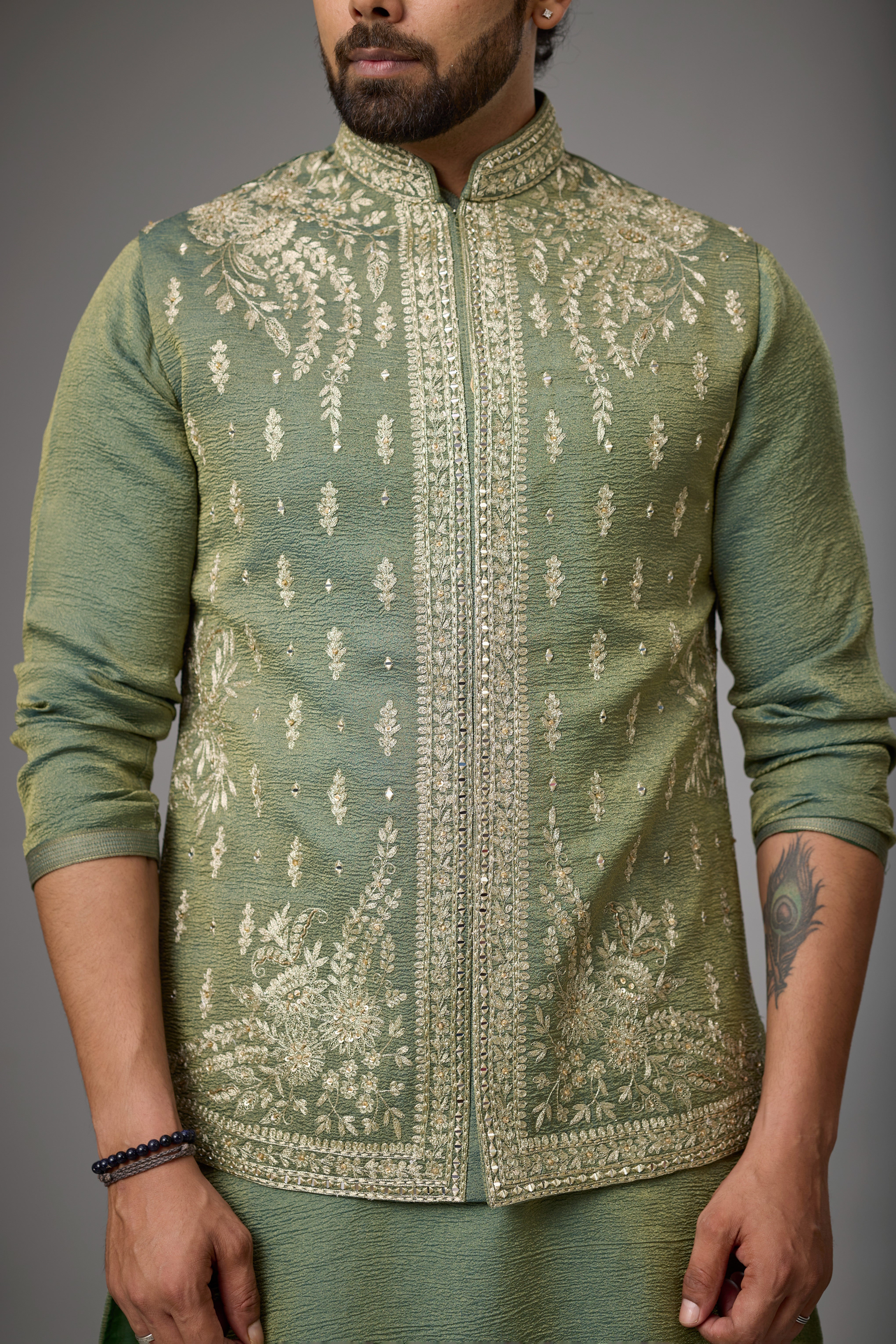 Olive Sage Embroidered Jacket Kurta Set