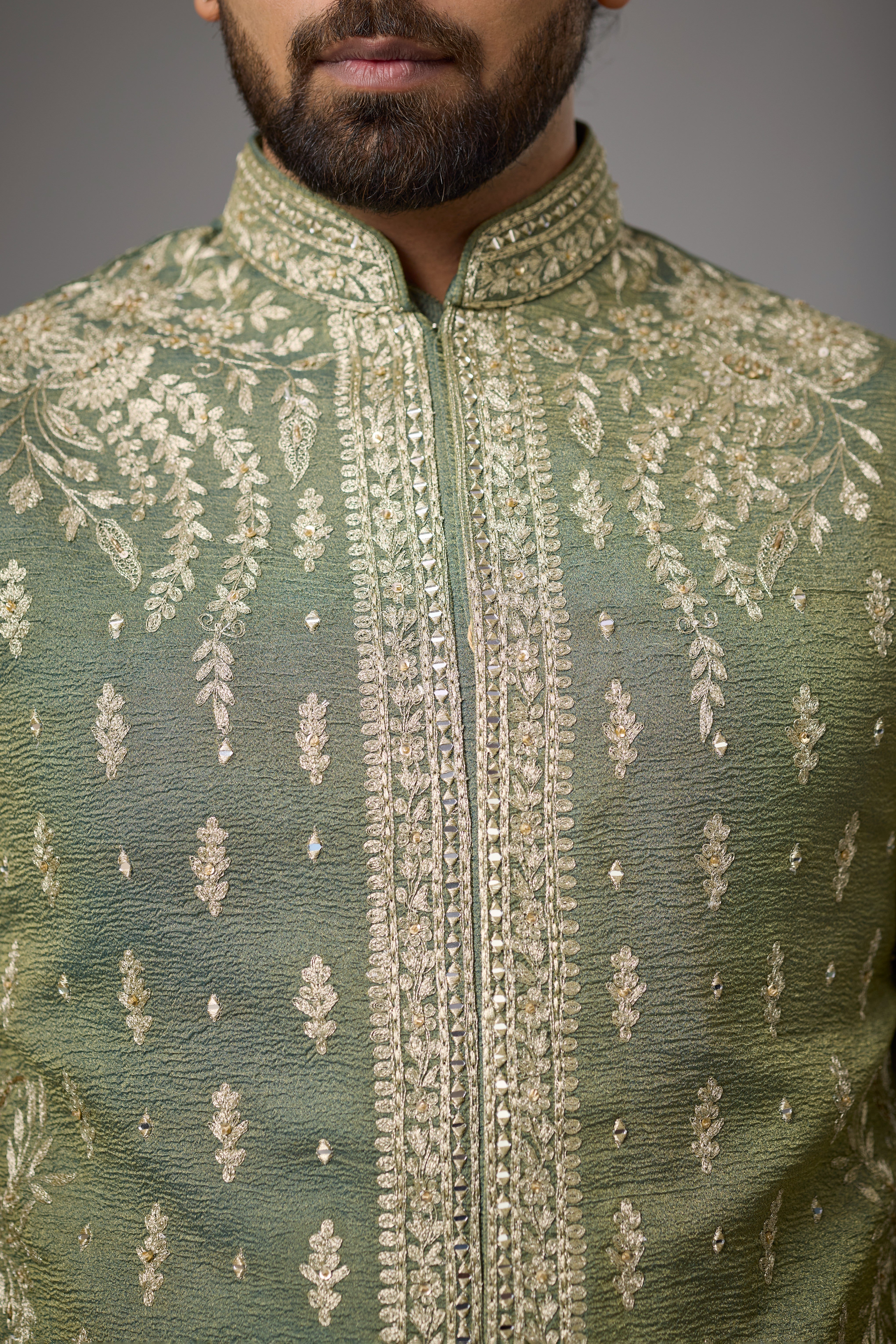 Olive Sage Embroidered Jacket Kurta Set