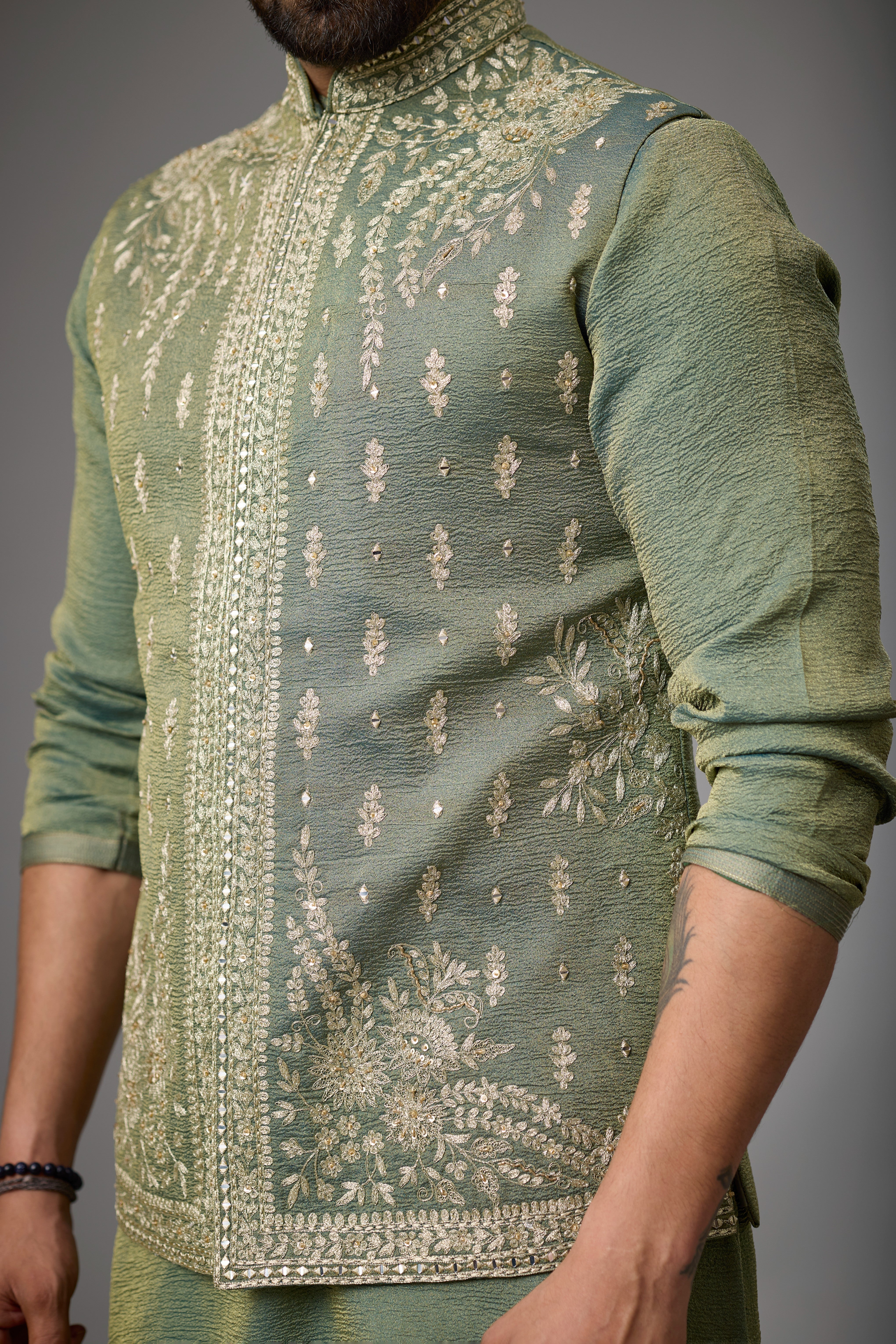 Olive Sage Embroidered Jacket Kurta Set