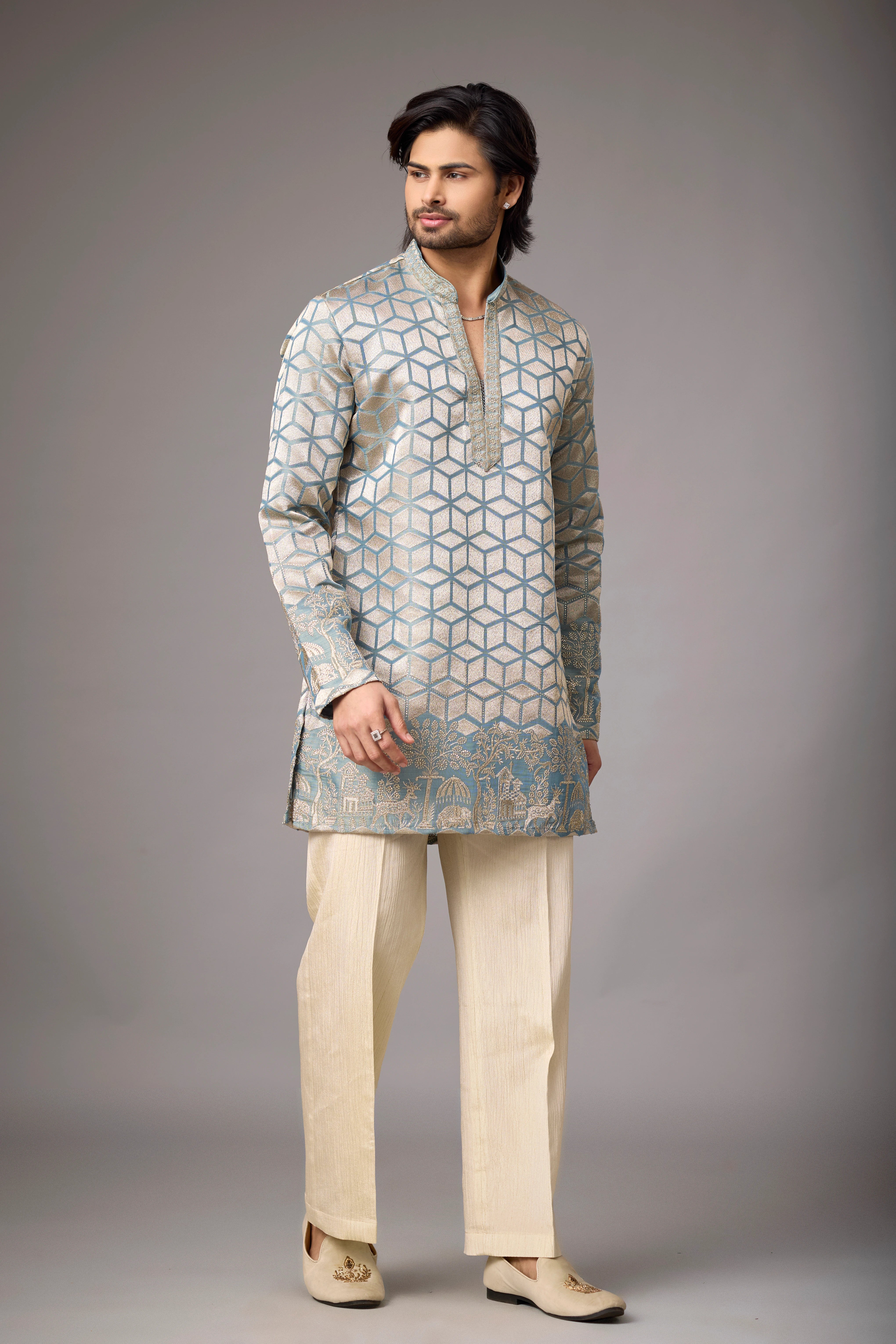 Ivory Geometric Heritage Embroidered Kurta Set