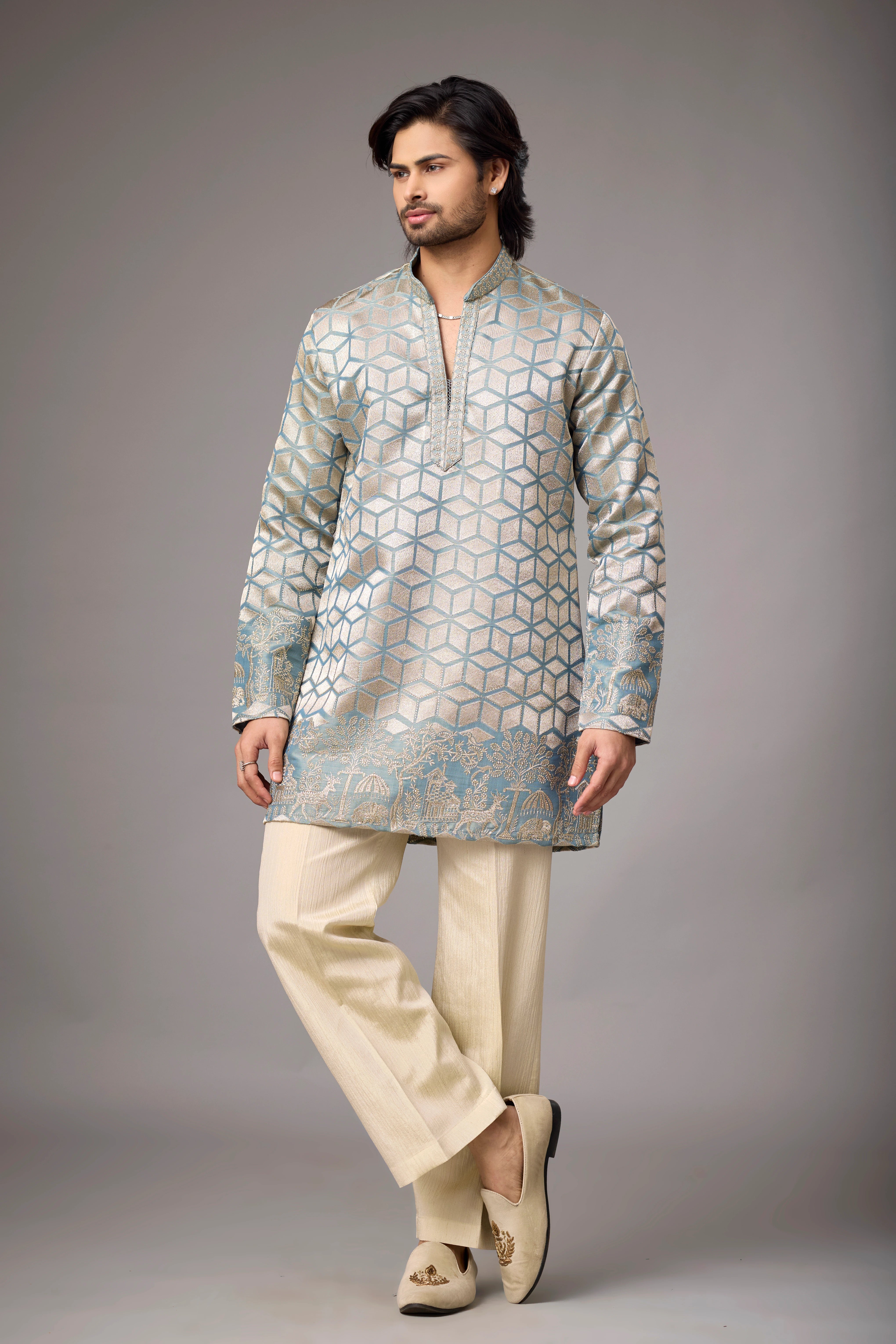 Ivory Geometric Heritage Embroidered Kurta Set