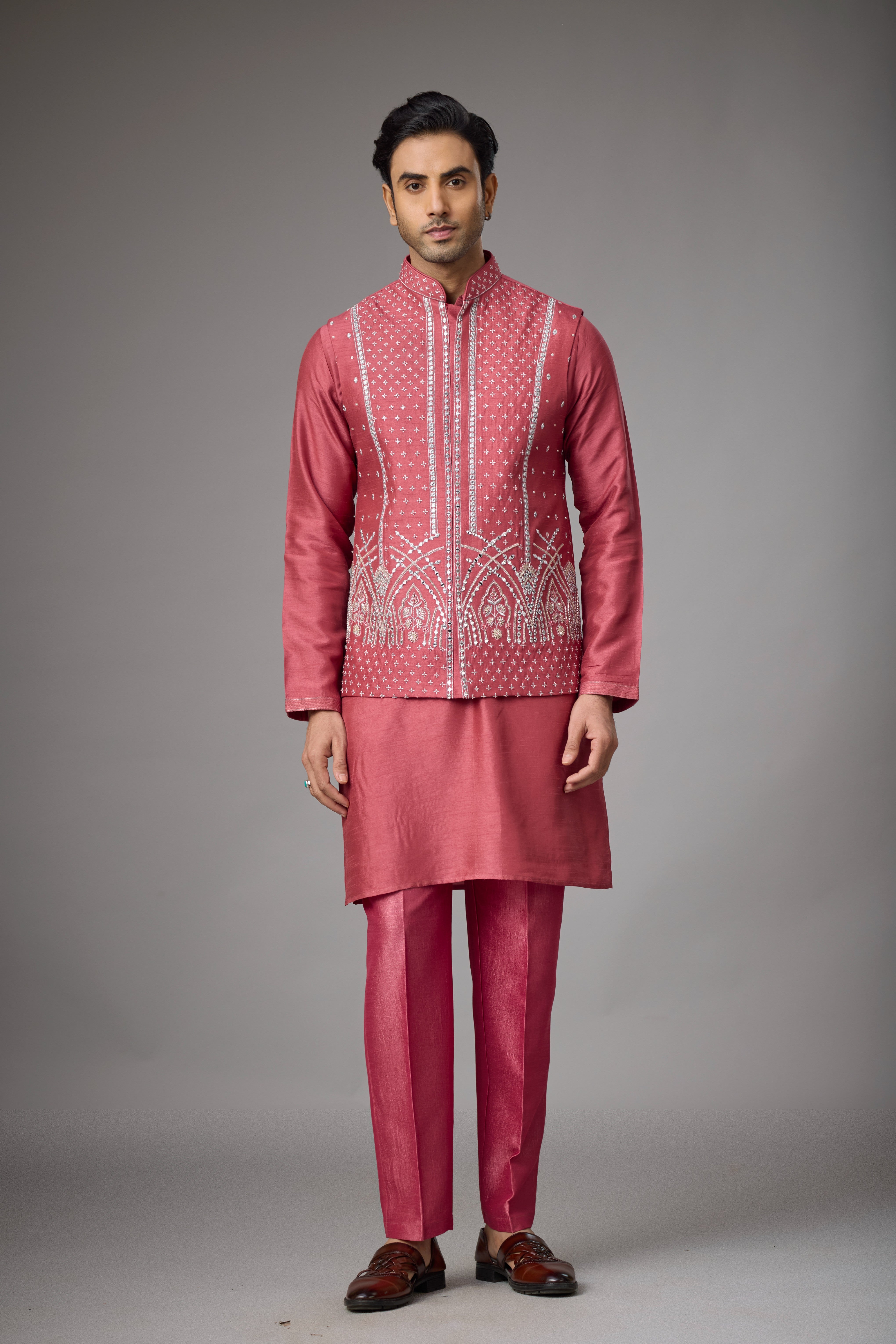 Regal Rose Pink Embroidered Jacket Kurta Set