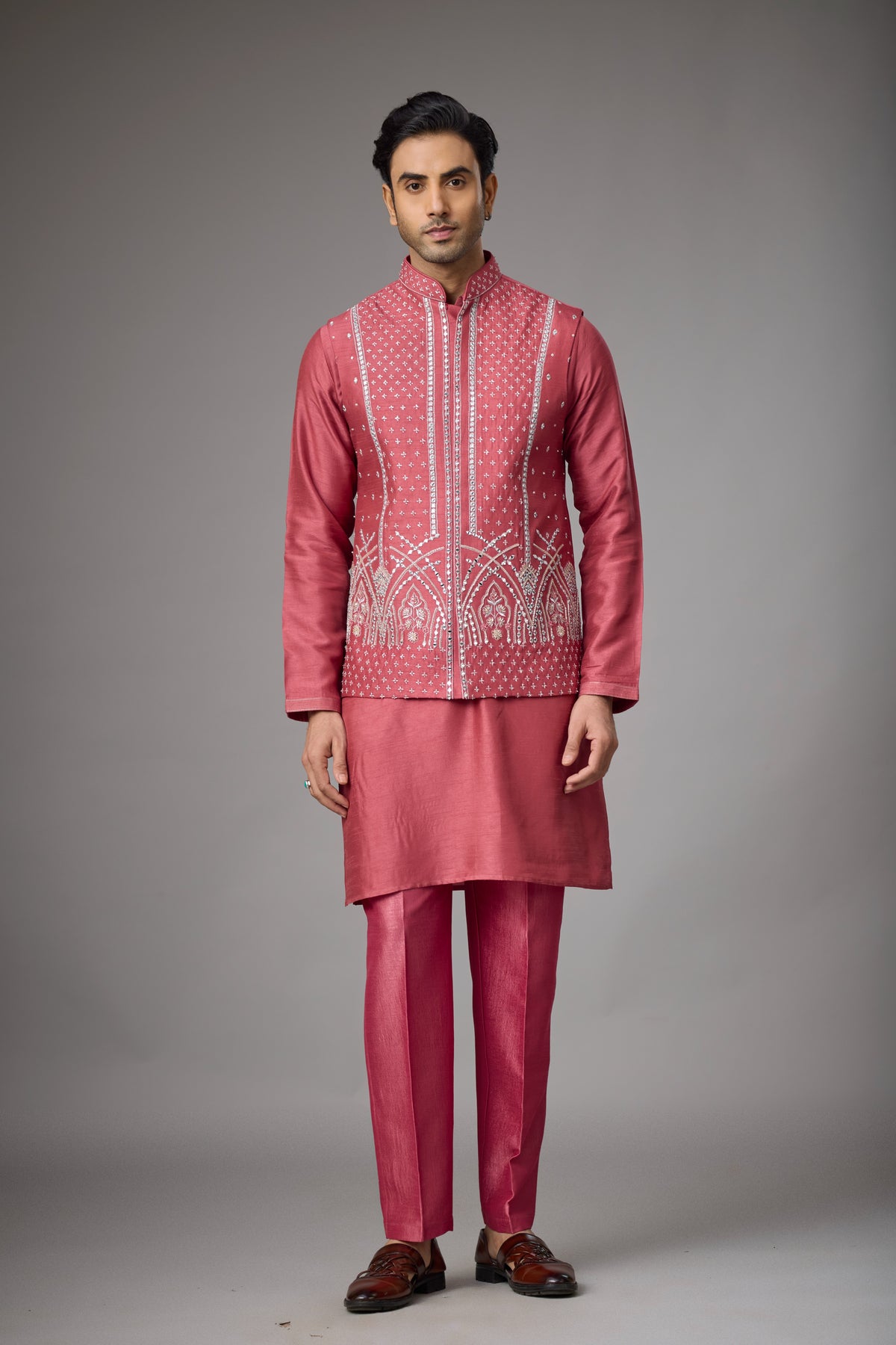 Regal Rose Pink Embroidered Jacket Kurta Set