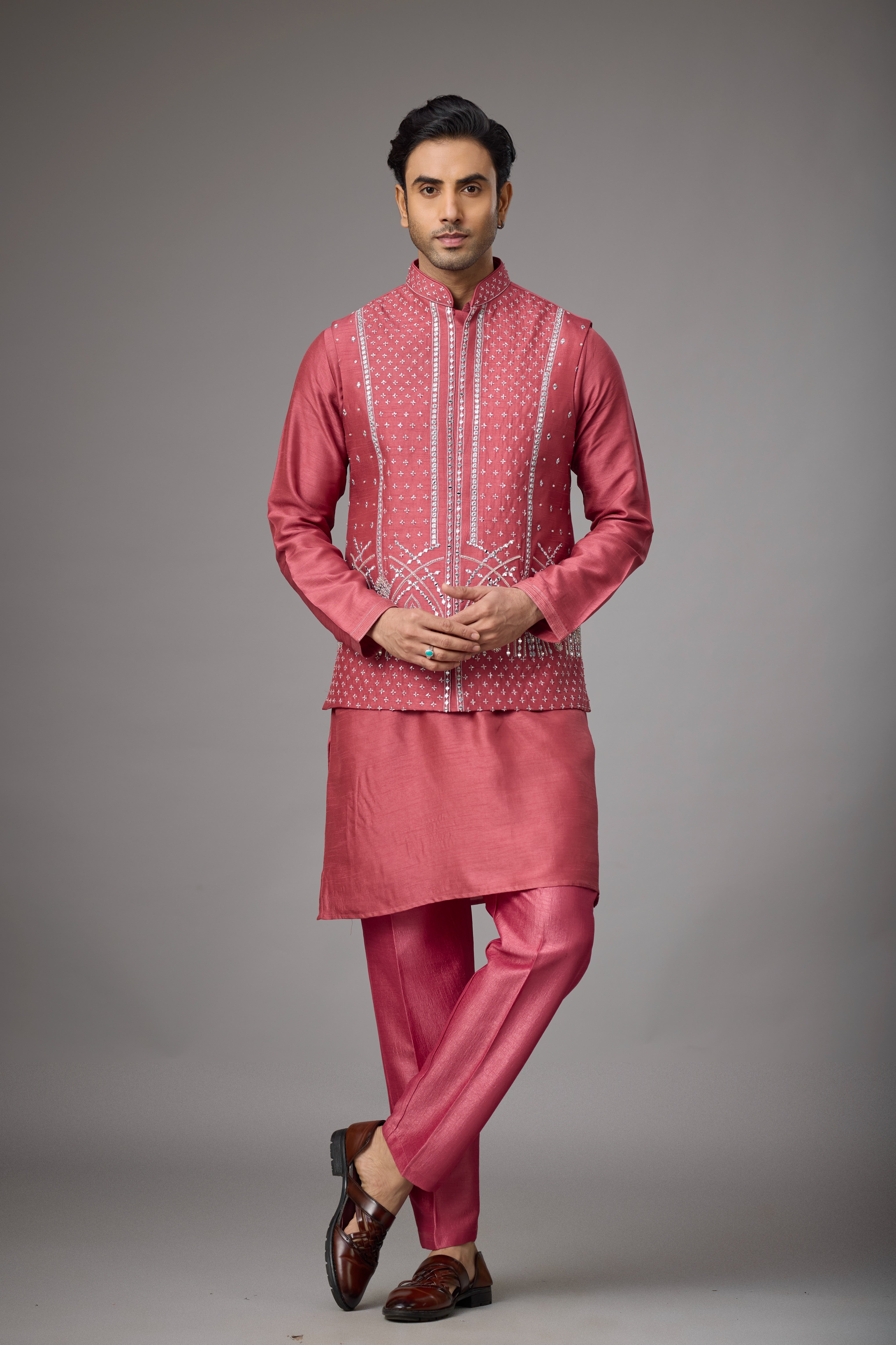 Regal Rose Pink Embroidered Jacket Kurta Set