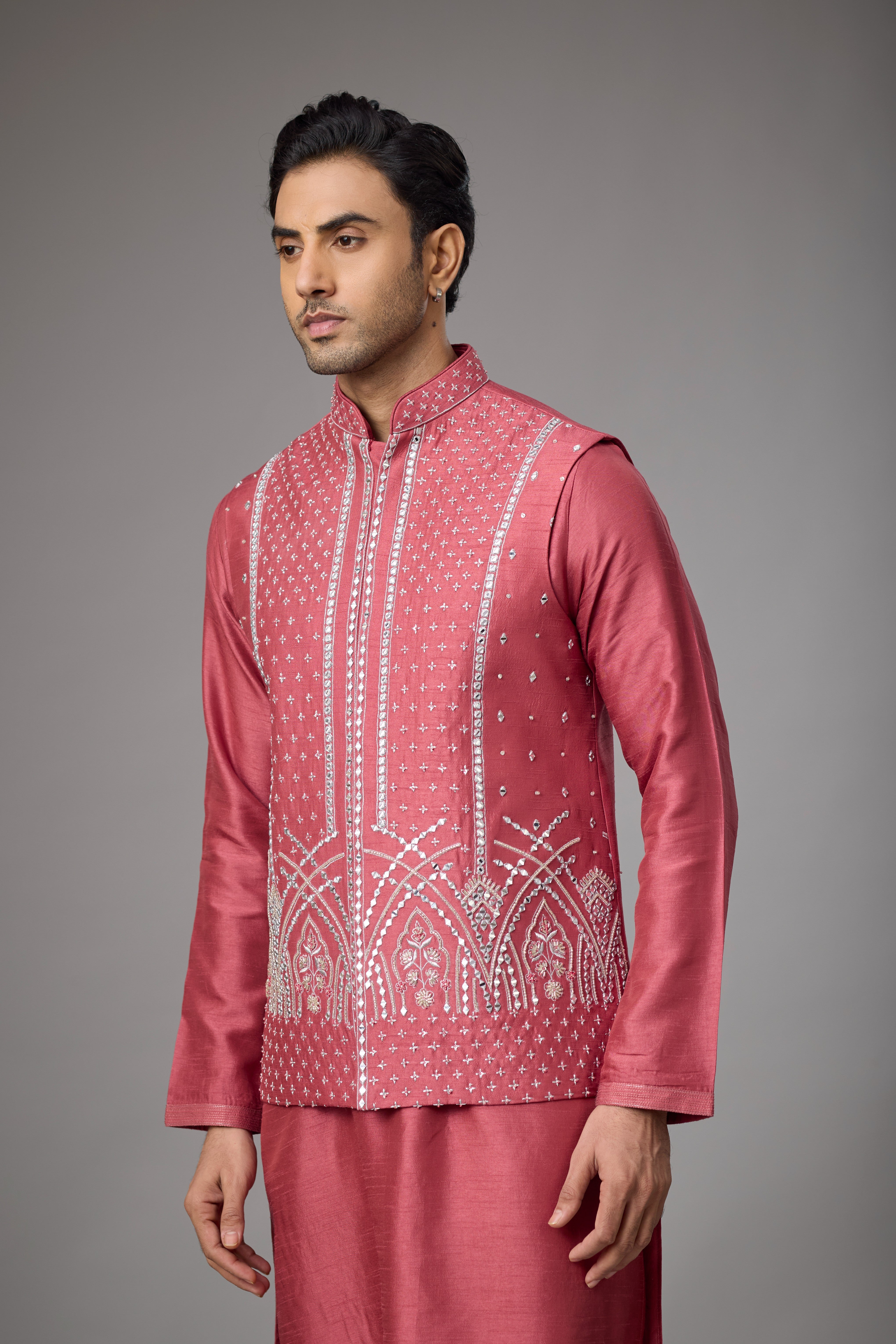 Regal Rose Pink Embroidered Jacket Kurta Set