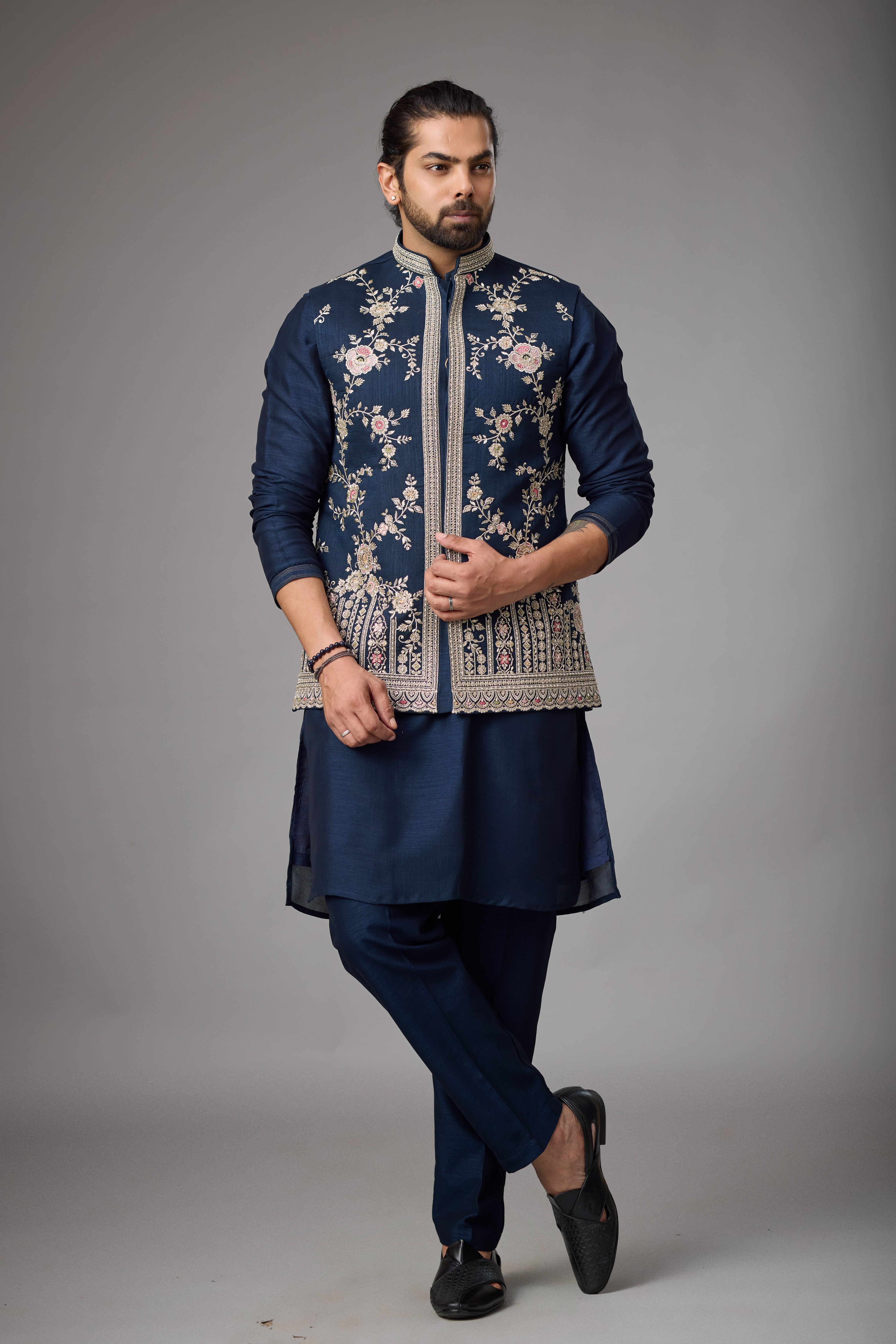 Midnight Navy Floral Embroidered Jacket Kurta Set
